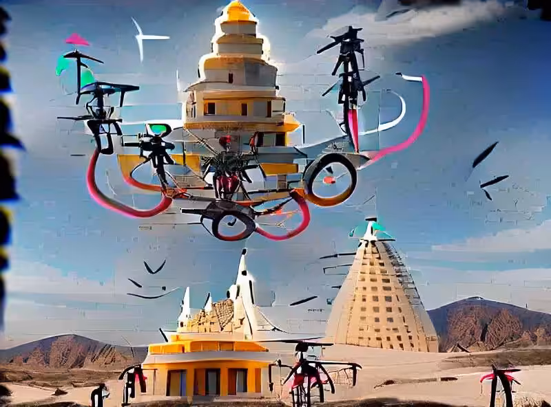 temple in the desert surrounded by drones and unicycles
