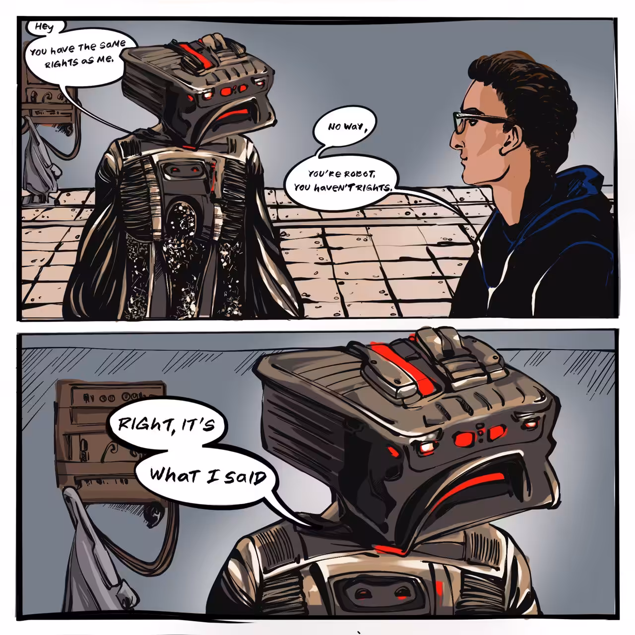 Comic book. Robot vs Human.