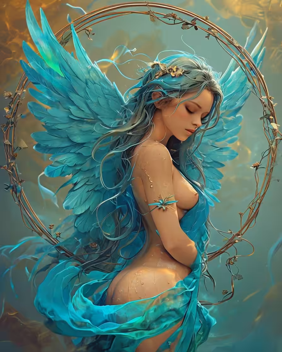 Ethereal Female Angel With Large Feathered Wings In Turquoise