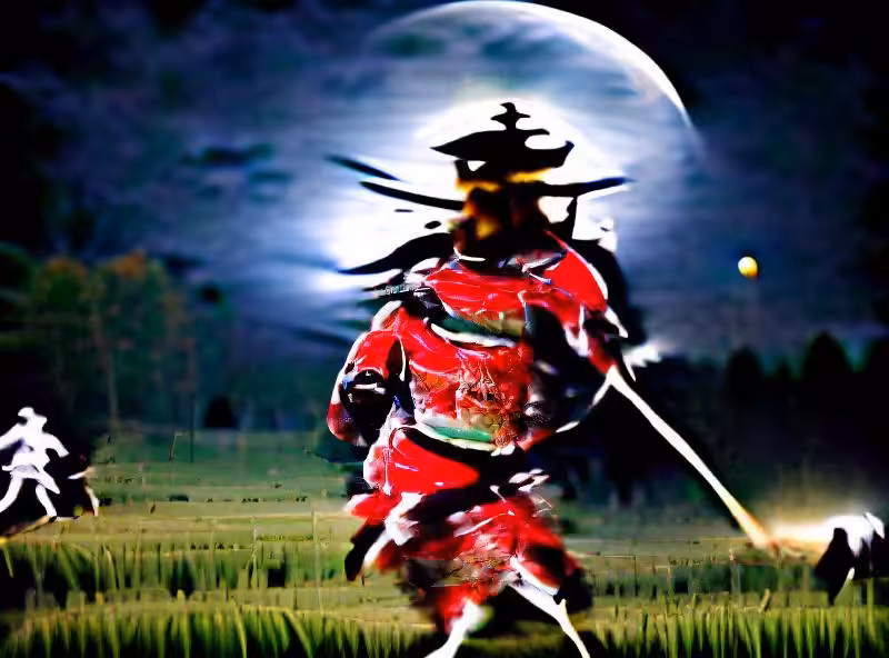 Abraham's First Works: A samurai running through a field under a full moon.