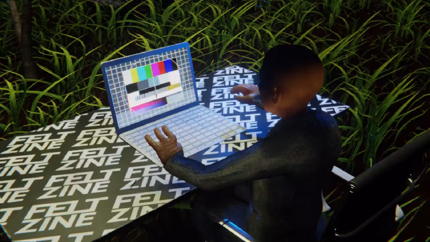 Desktop #36: The Business in the Black Slim Chair With a Drone and a Please Stand By Monitor on a Felt Zine Table in The Forest