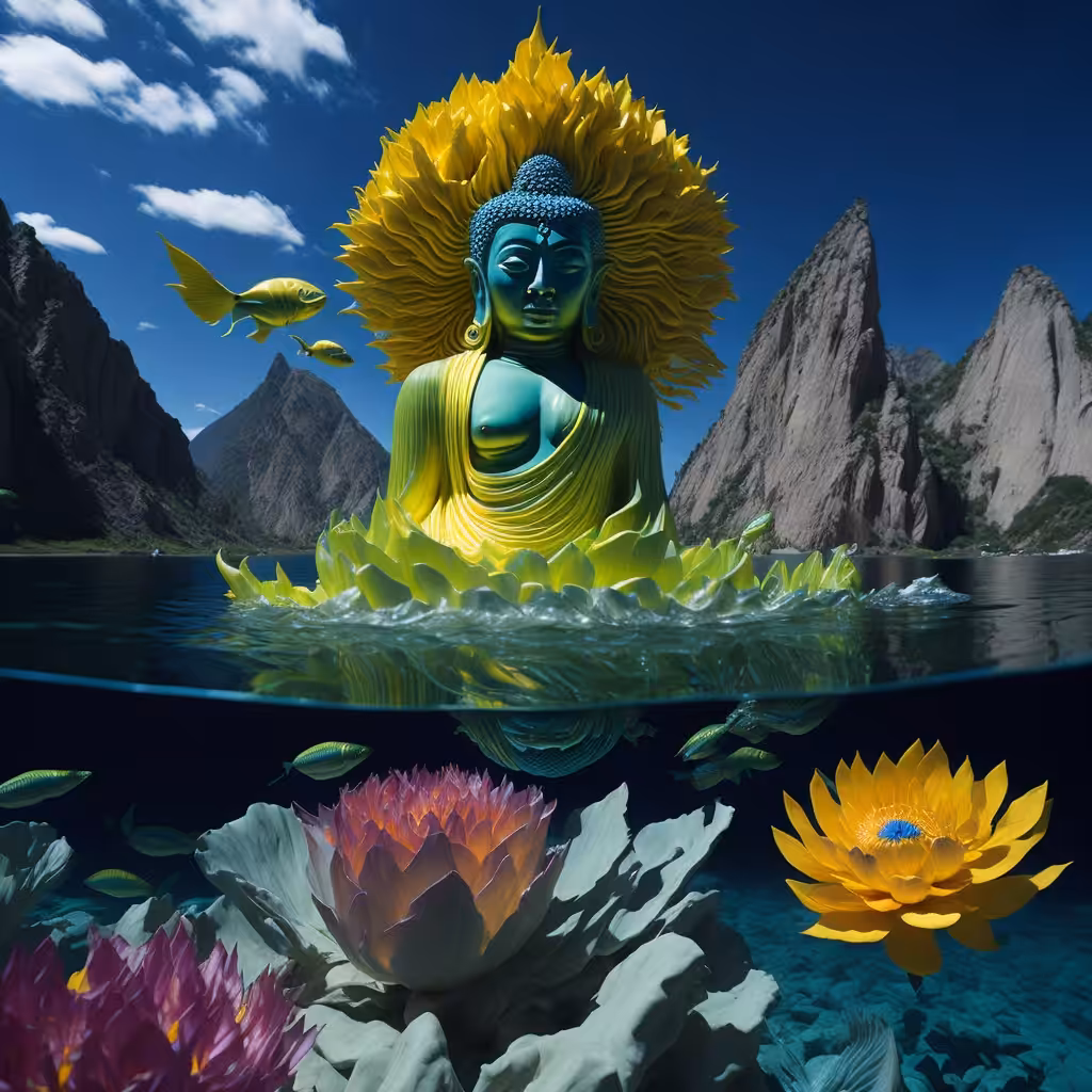 Buddha's Aquatic Ascension: Drawn by the Benevolence of Fish and Blooms