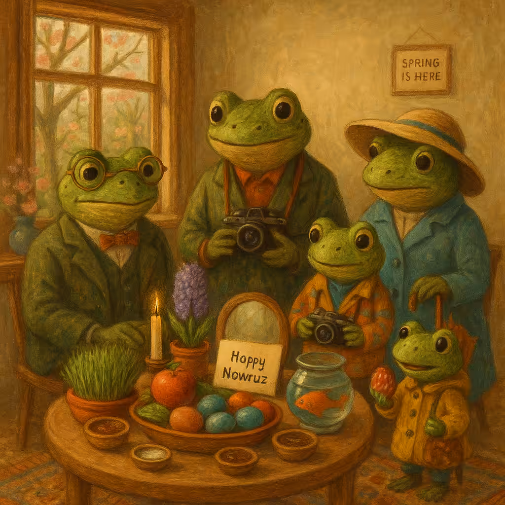 Frog Family Celebrating Nowruz by the Haft-Seen