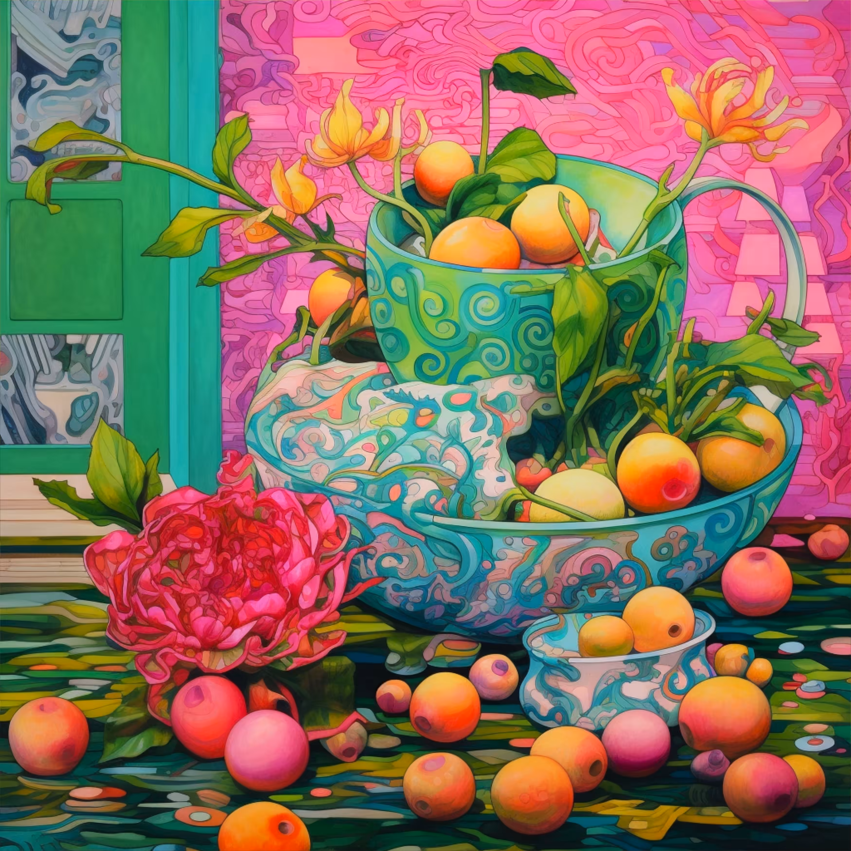 Mint vase. Pink flower