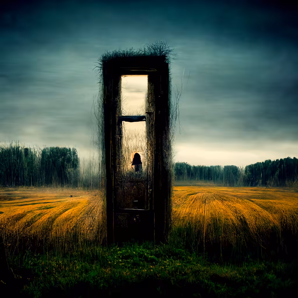 A lone door standing in a field in the middle of the wilderness, She opens it and is shocked to see what's on the inside
