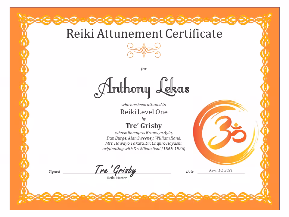 AL Reiki Level One Certificate
