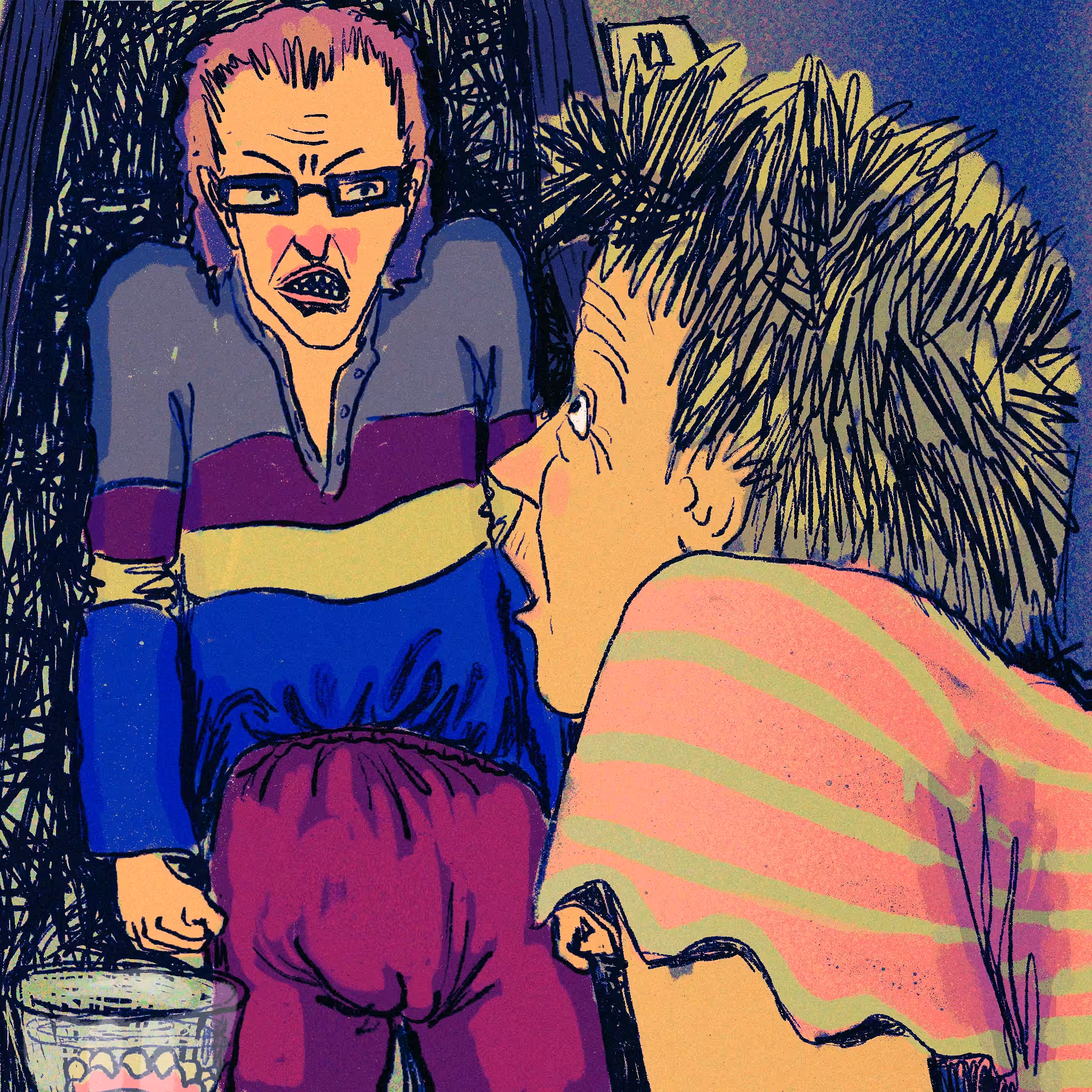 the moment when forty-year old man living with his mother wakes his mother and angrily demands something