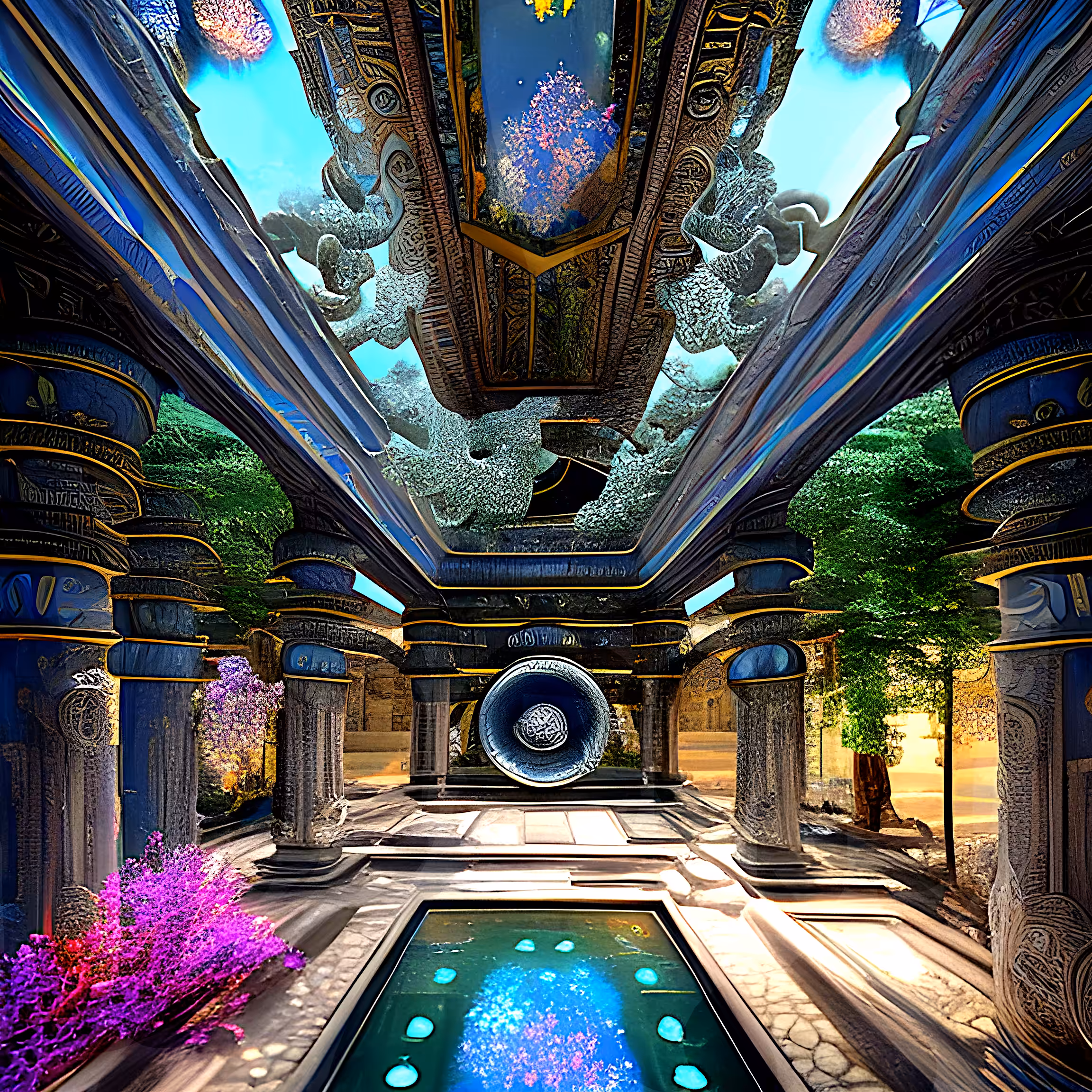 "Ethereal Oasis: A Temple Great Hall of Optical Illusions"