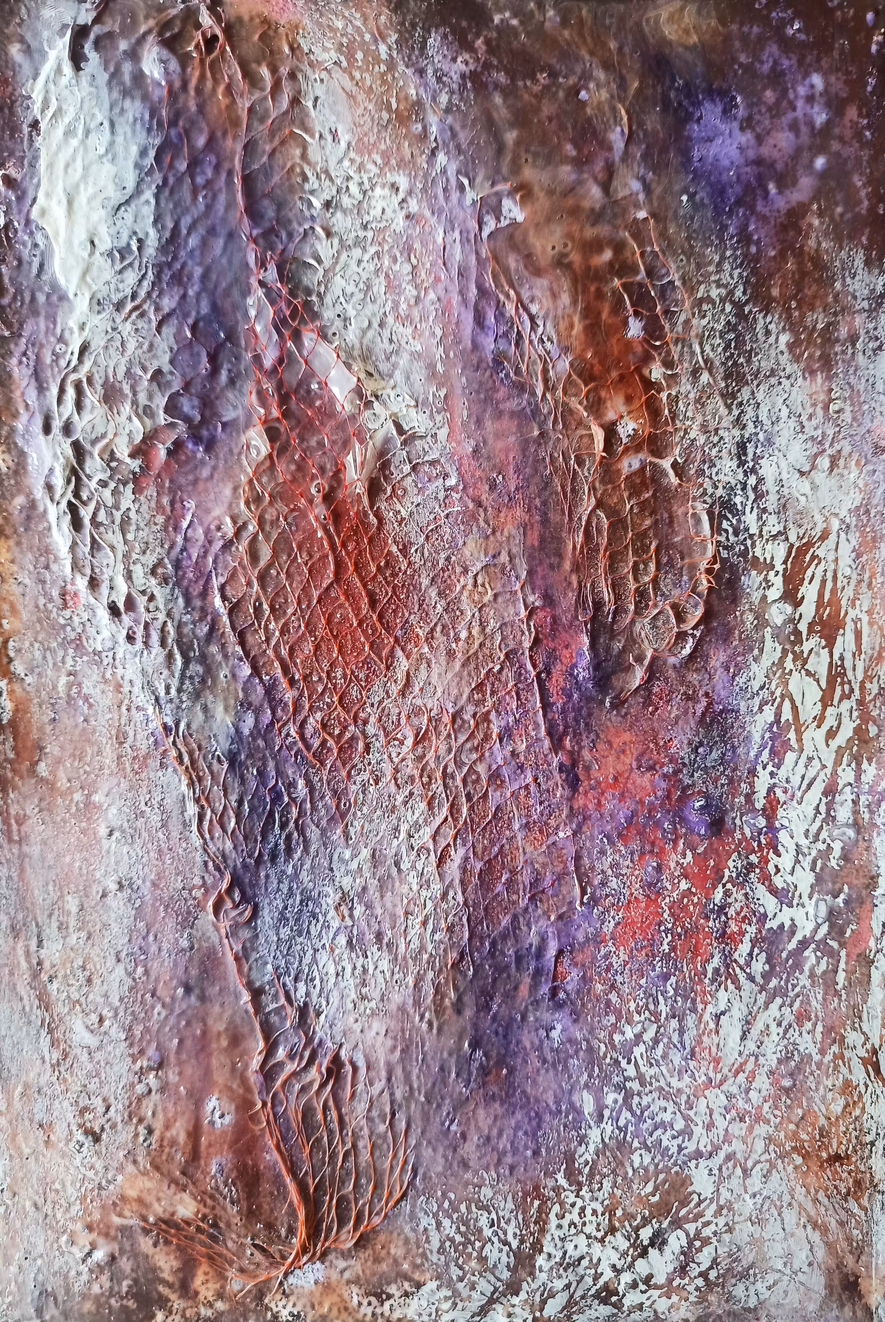 Mystic X: Chalk Powder, Glue, Acrylic paint, Discarded Fish Net, Discarded Paper, Alcohol, Ink, Spray Paint