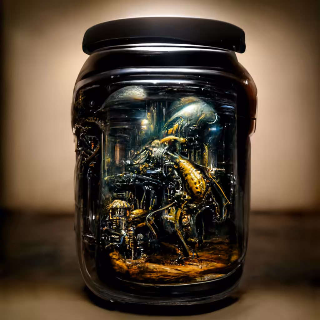 mecha xenomorph inside a jar