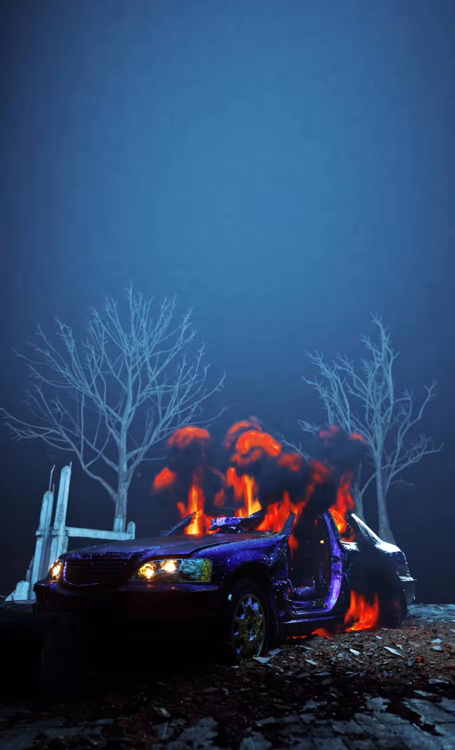 Burning car in bloom