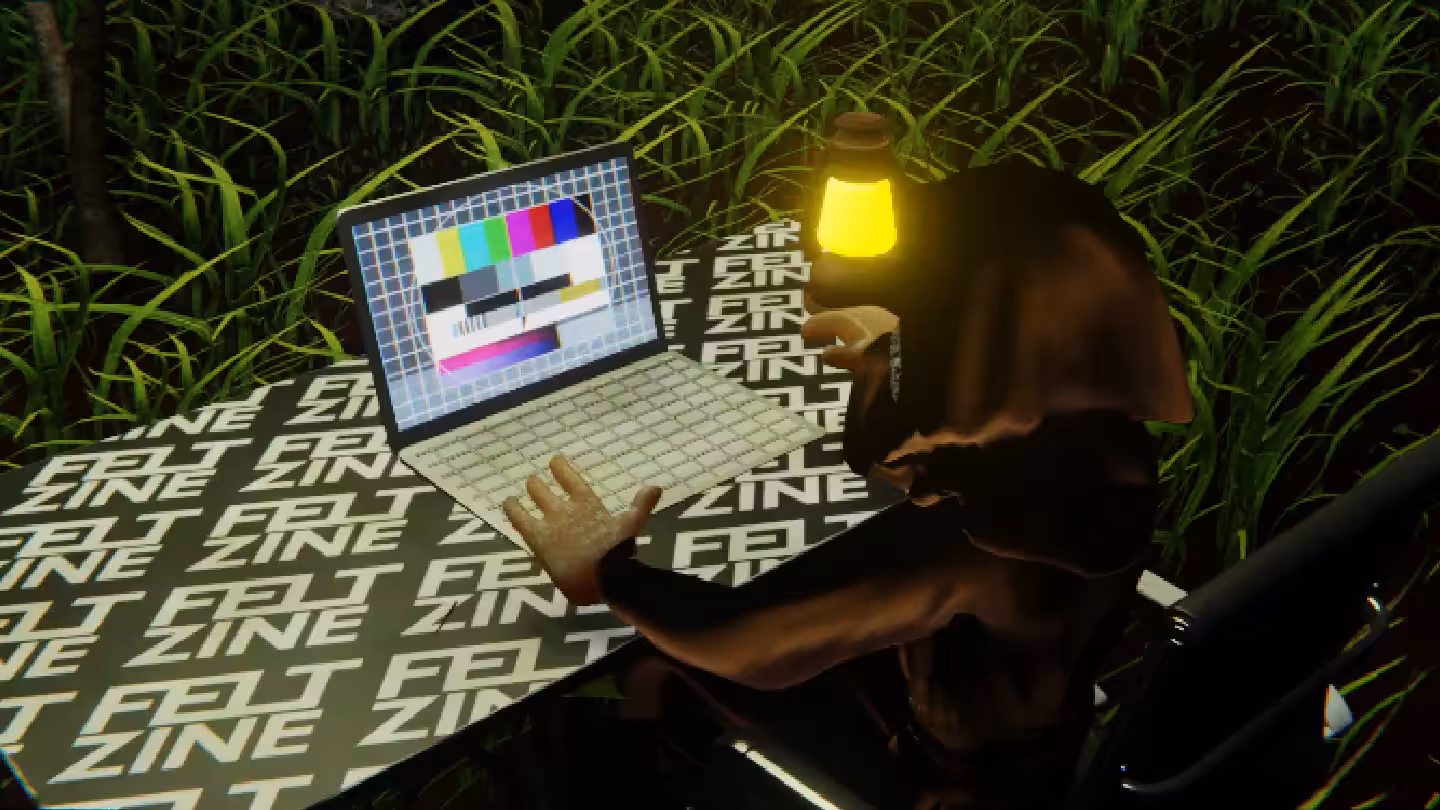 Desktop #27: The Guru in the Black Slim Chair With a Gas Lamp and a Please Stand By Monitor on a Felt Zine Table in The Forest