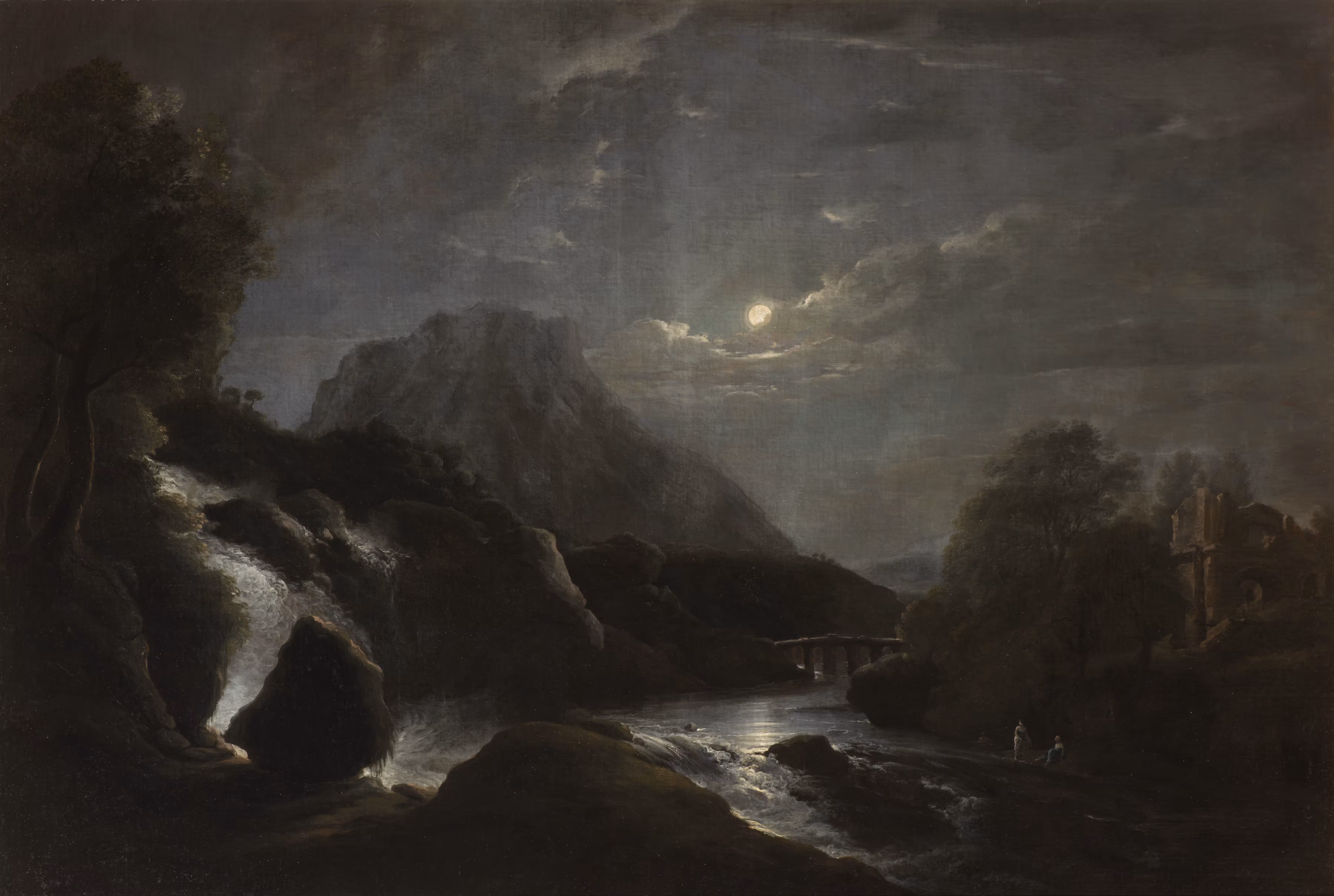 A Moonlight Landscape with a Waterfall