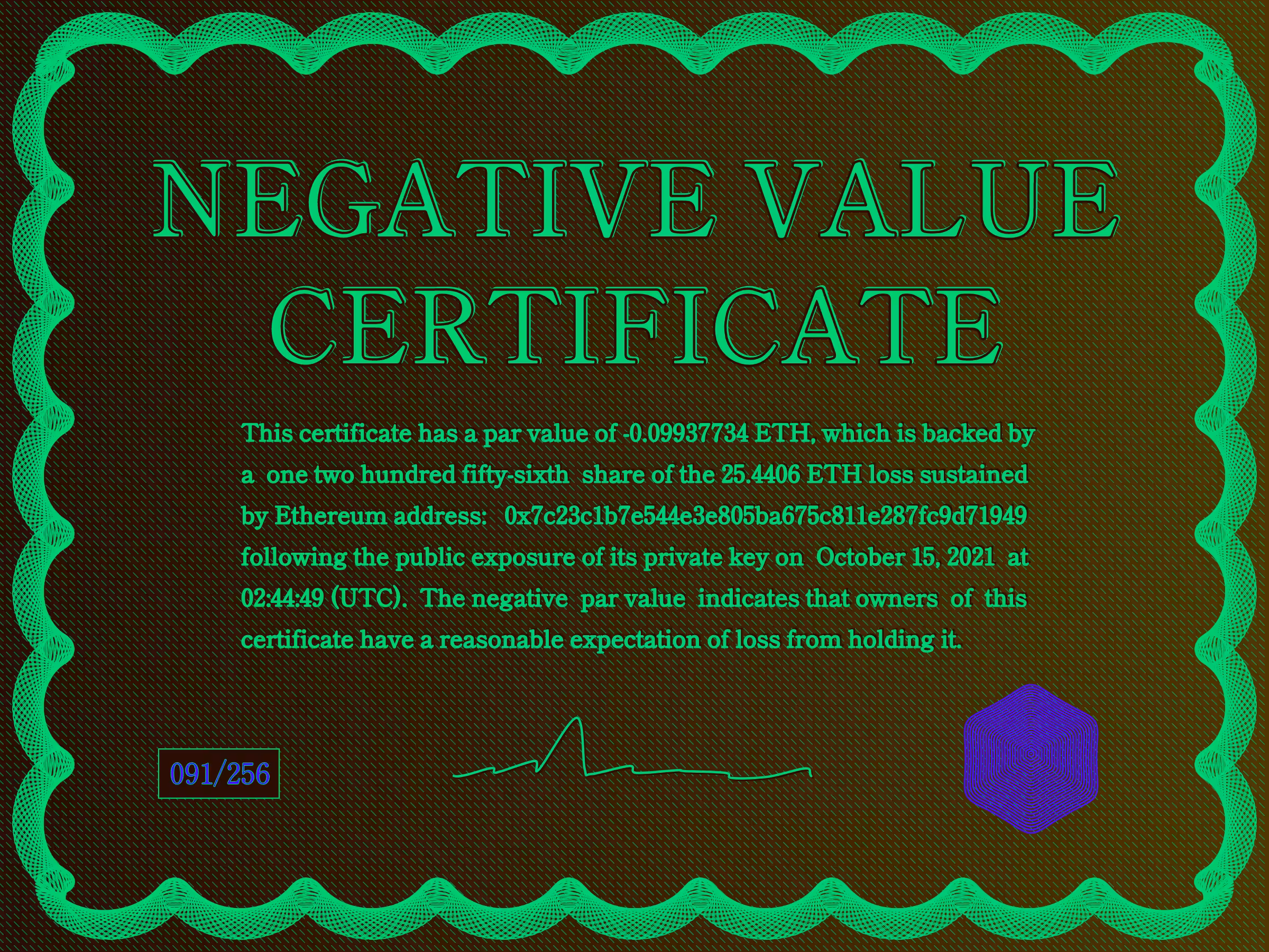 Negative Value Certificate #91 of 256