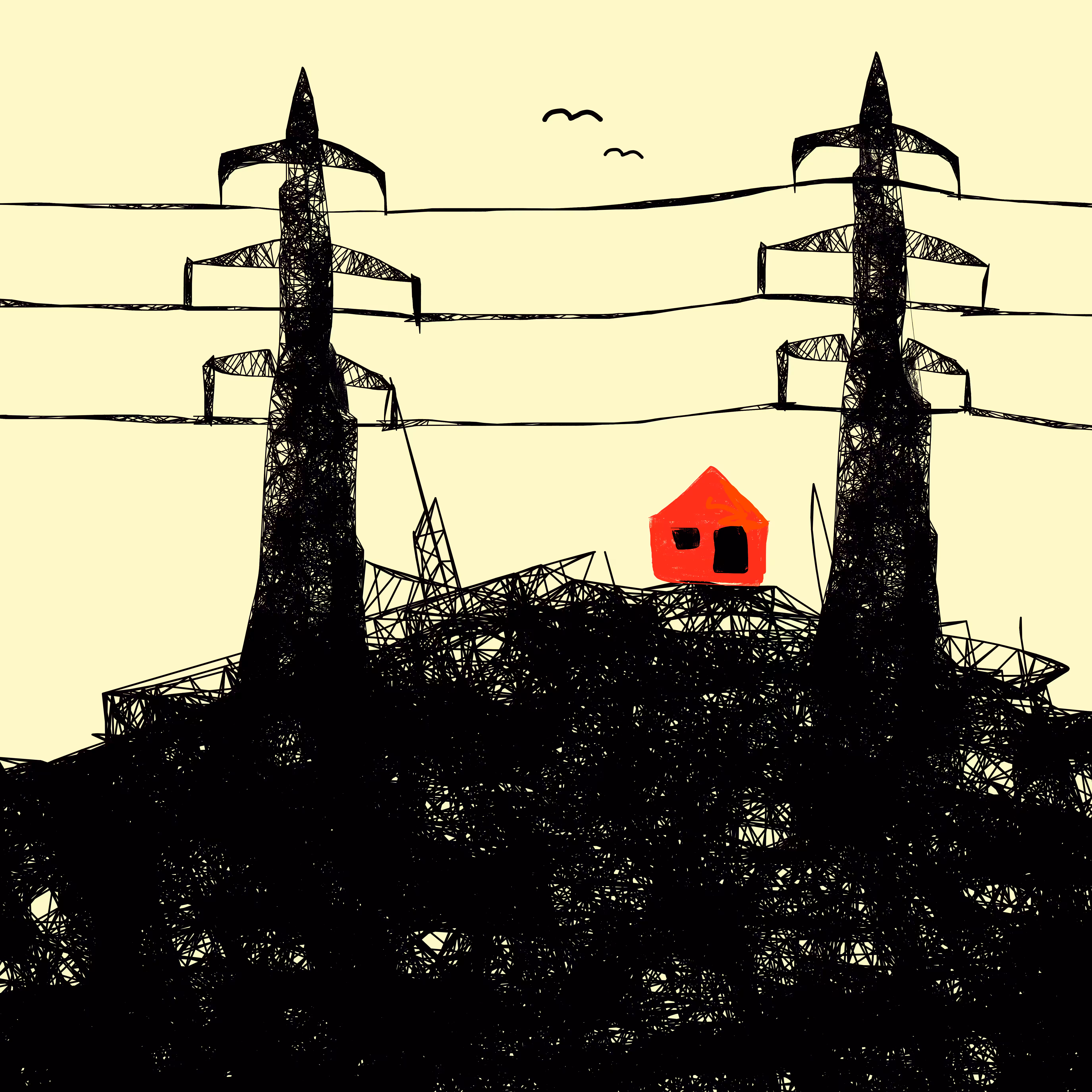 Red House Under the Electrical Tower