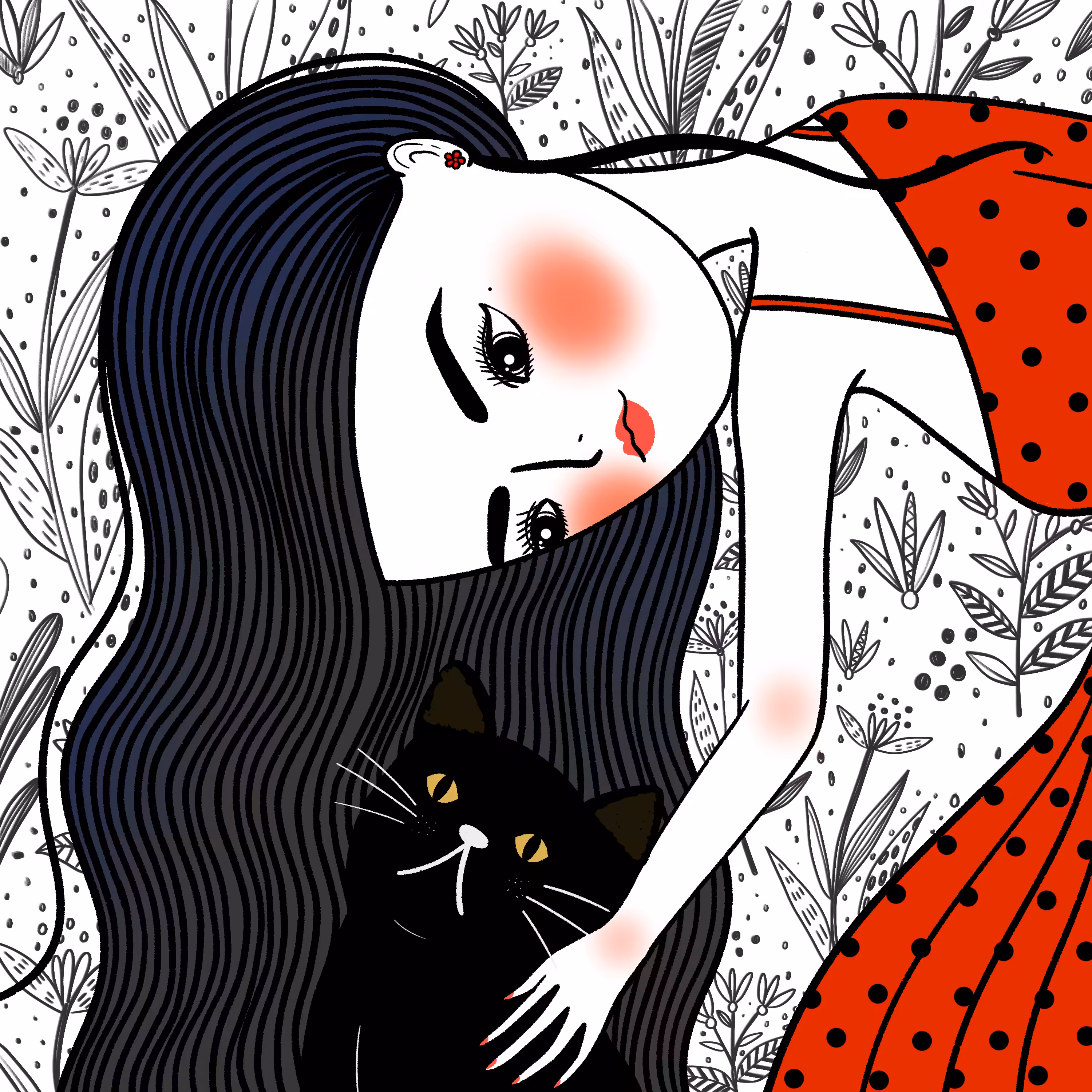 A street black cat & girl in red.