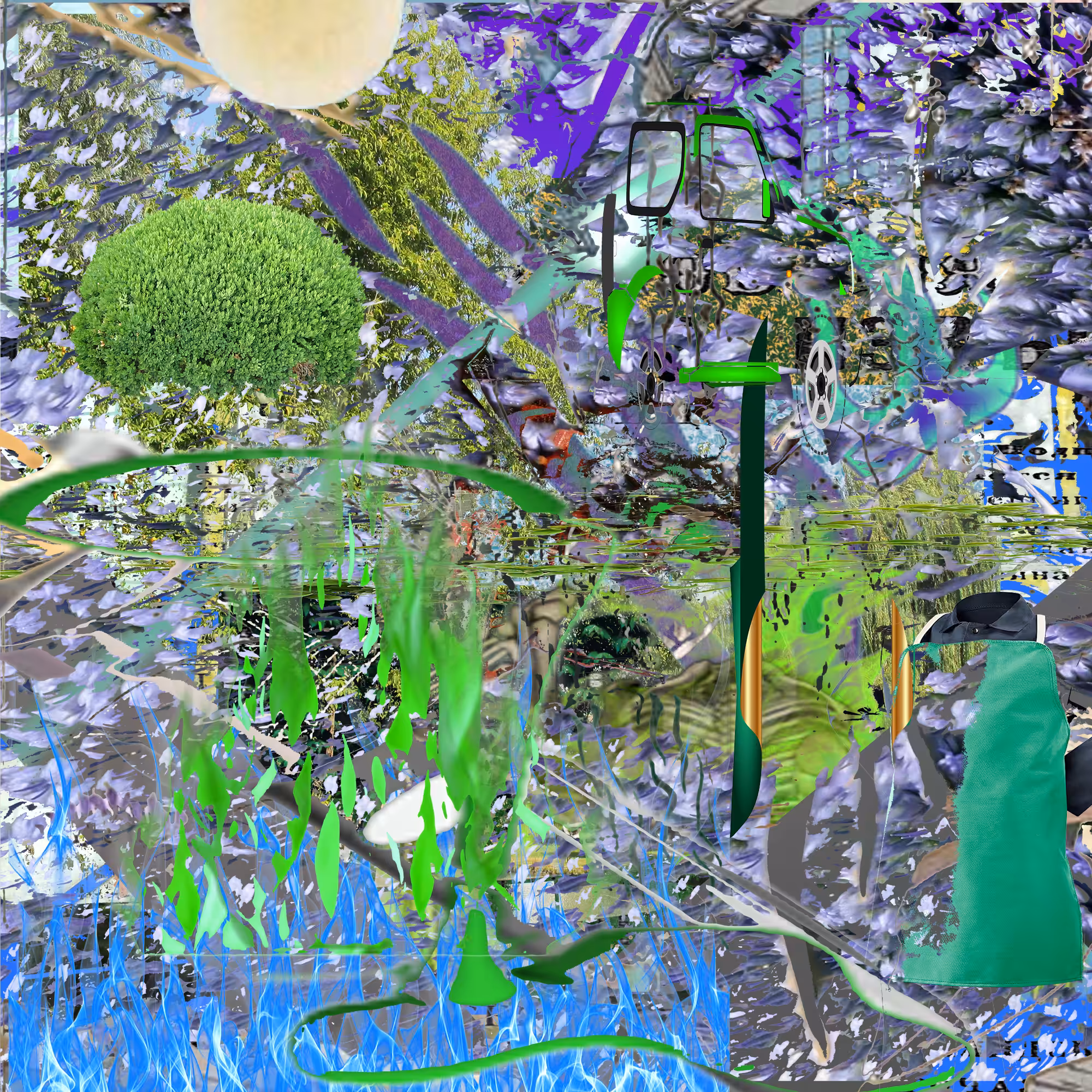 A Headless Butcher Gets out of His Rav4 To Inspect a Radioactive Skeleton in a Well Manicured Garden that is Ablaze with Blue and Green Fire with a Full Moon Overhead, 2021 