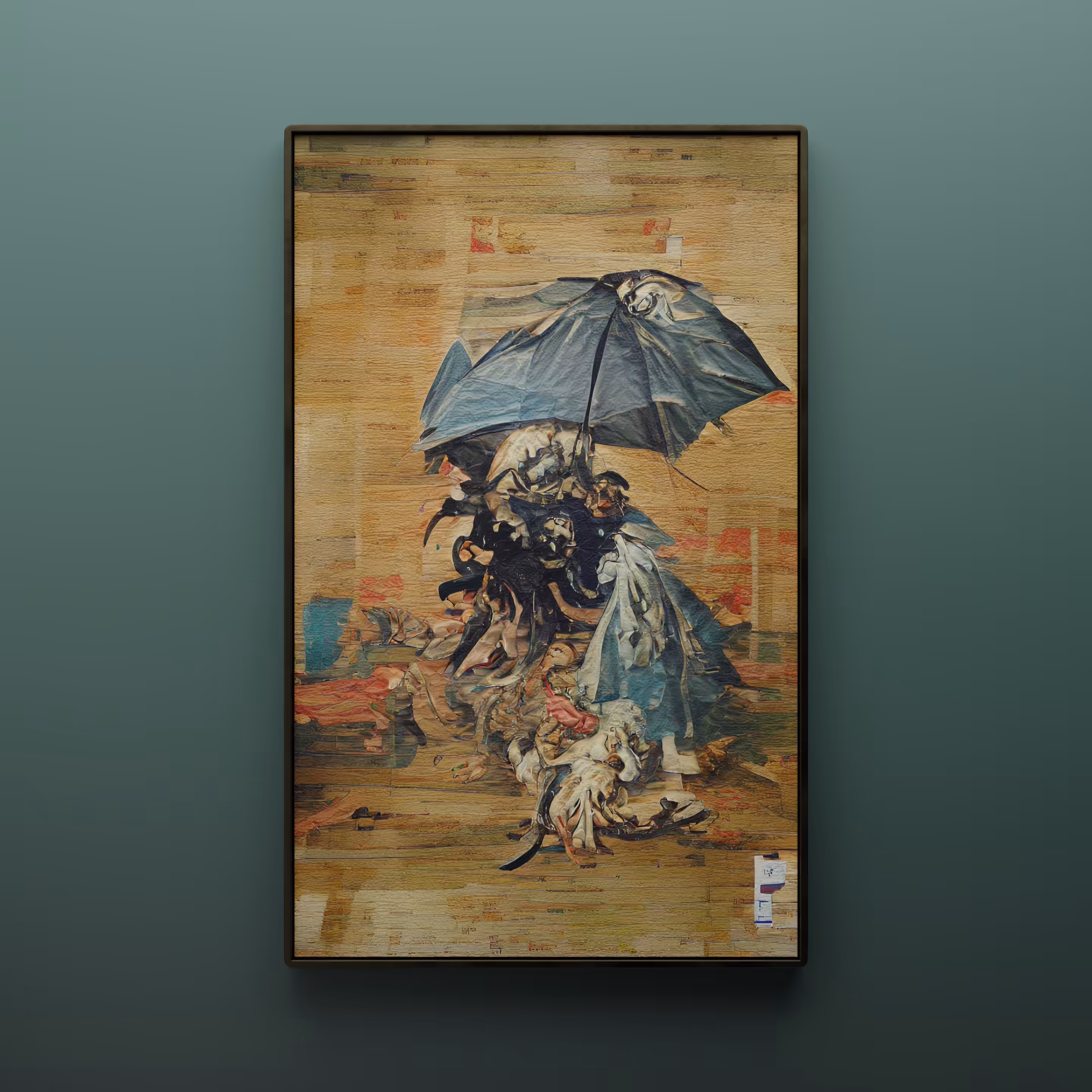 a brolly in a rainy woodcut