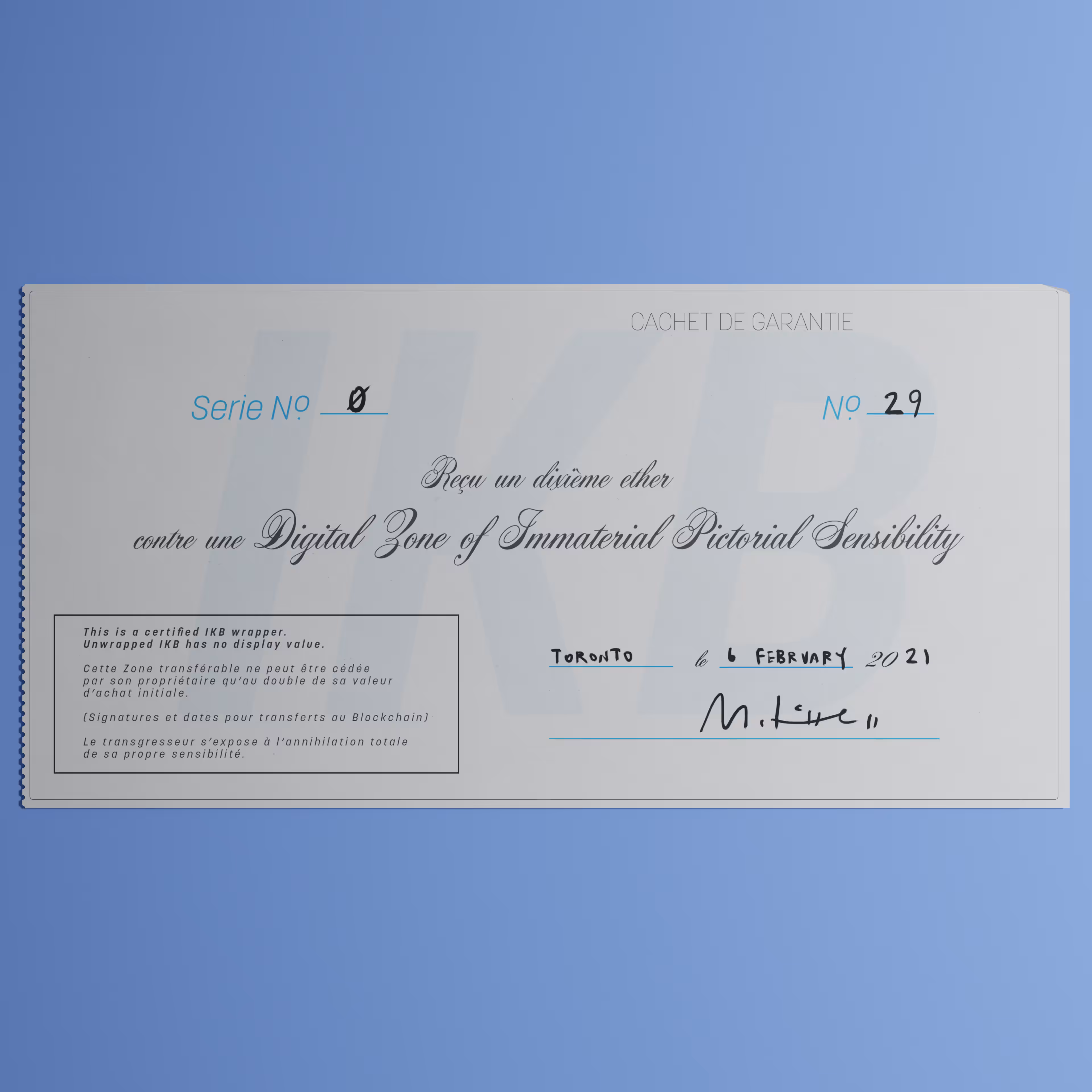 Digital Zone of Immaterial Pictorial Sensibility, Series 0, Edition 29. (Wrapped)