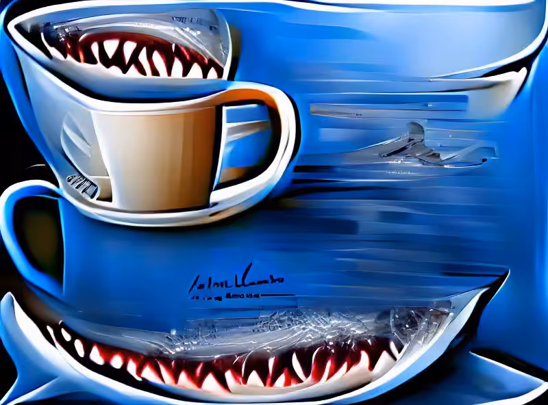 Abraham's First Works: A Great White Shark enjoys its morning coffee photo realism