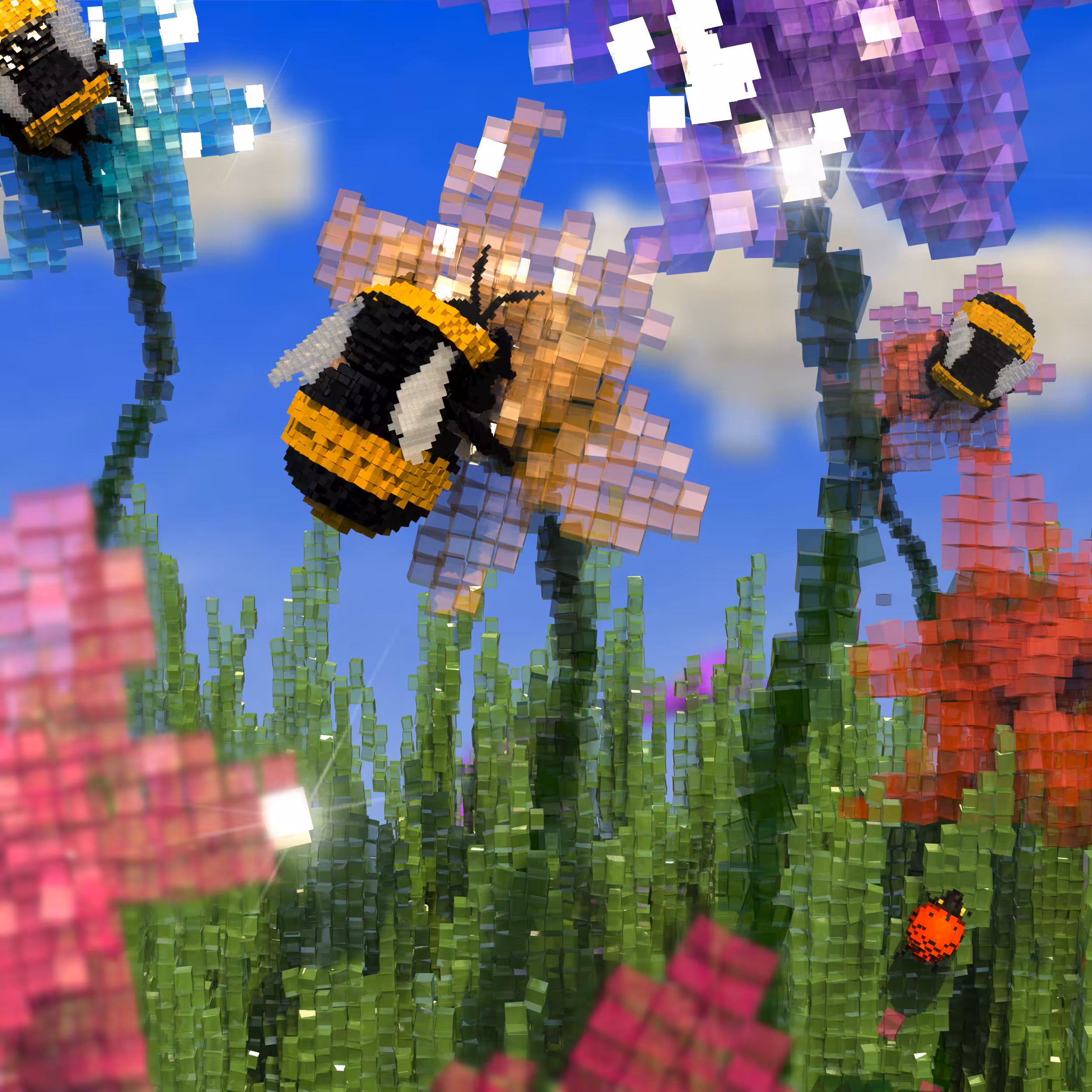 The bees and the beetle in the voxel garden.