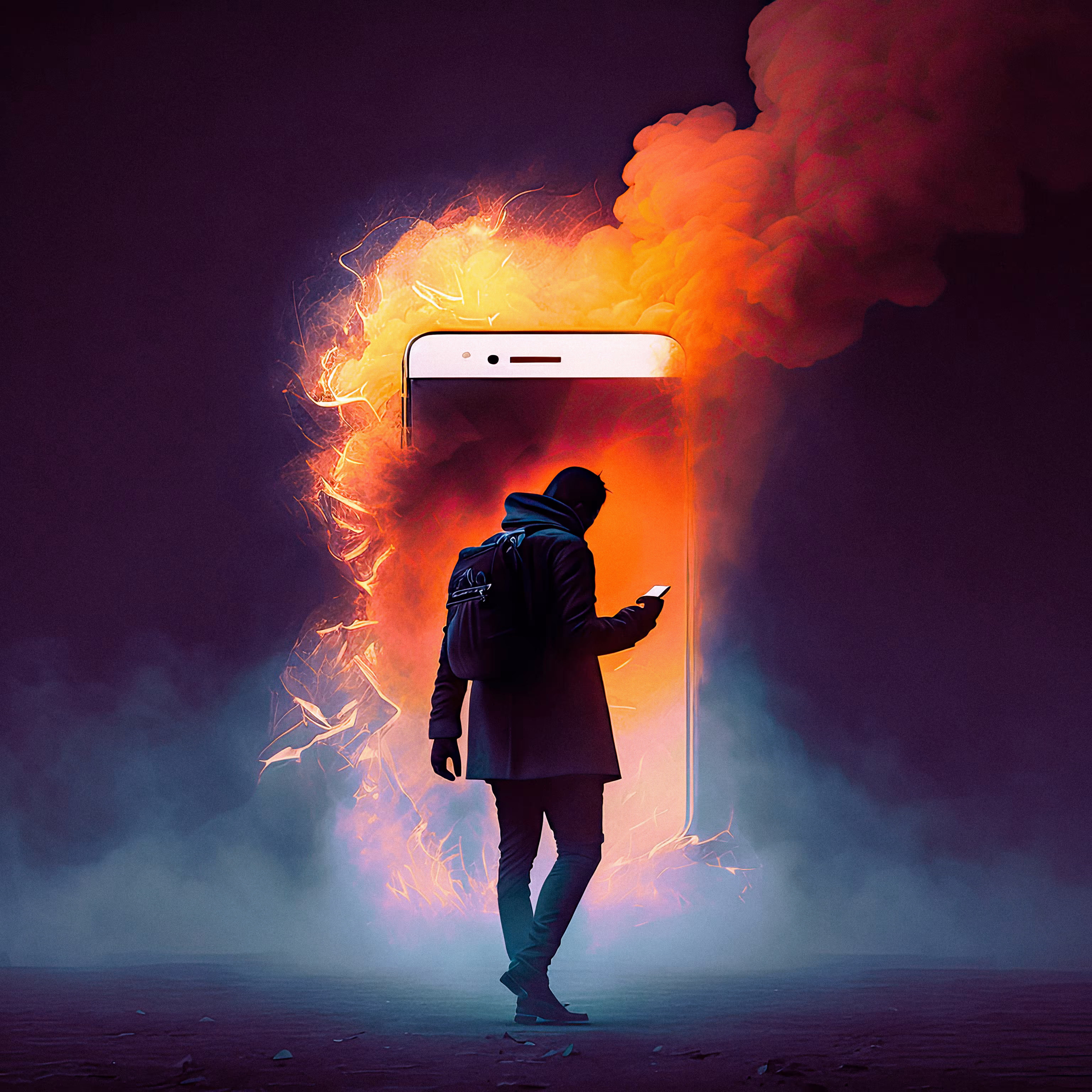 HOLDING A SMARTPHONE THAT IS ON FIRE PROMPTING MY WAY OUT OF CHAOS AND DIRE