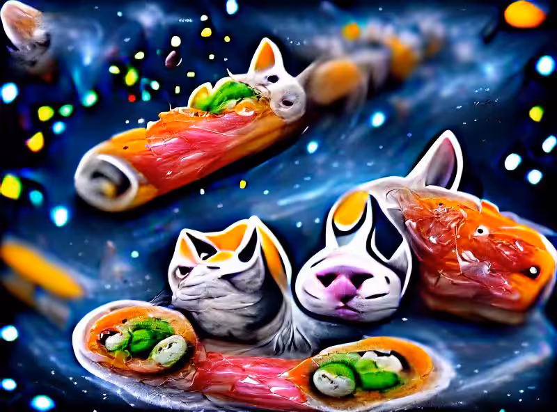 Abraham's First Works: Sushi cats fly through the galaxy