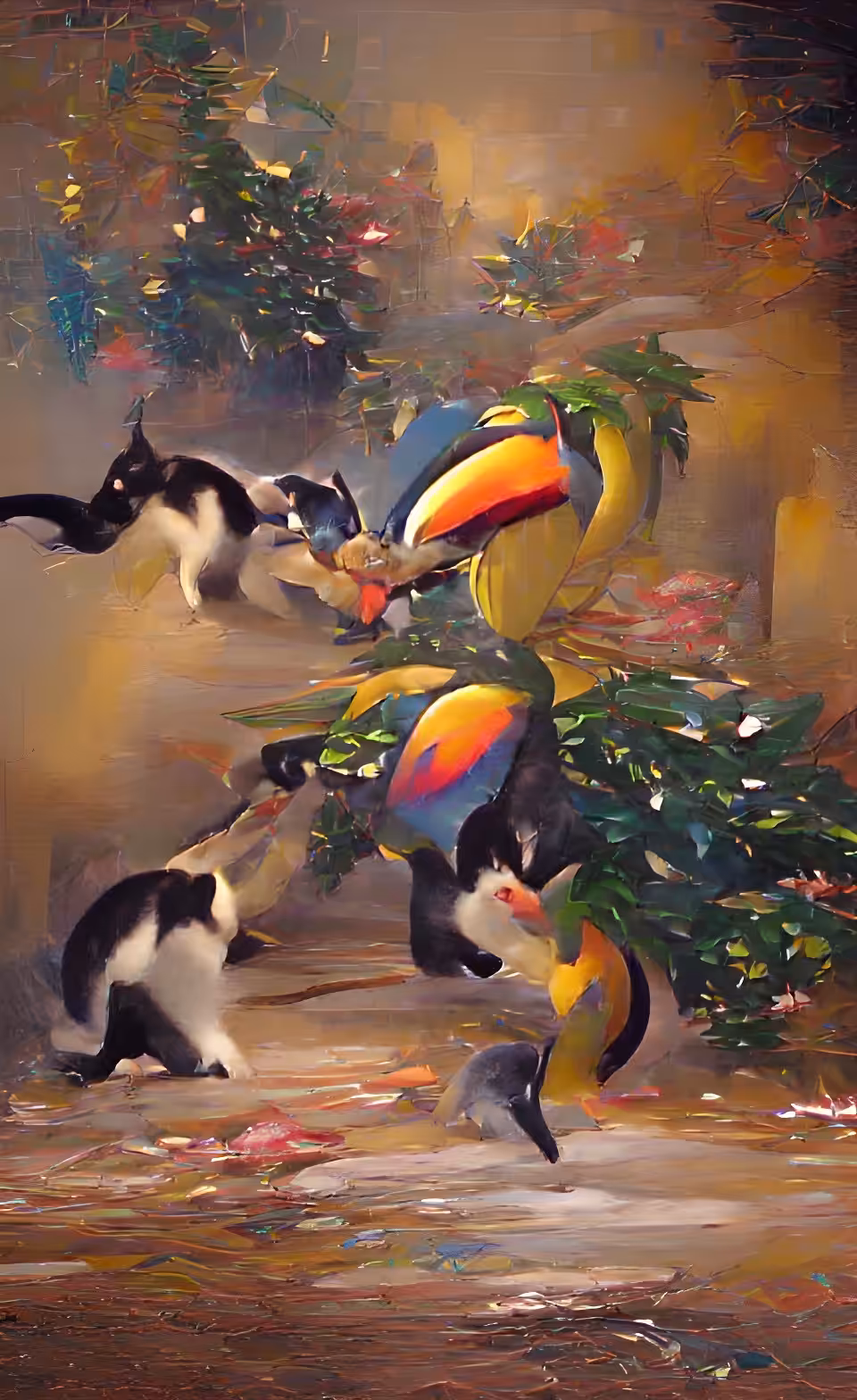 cats fighting toucans