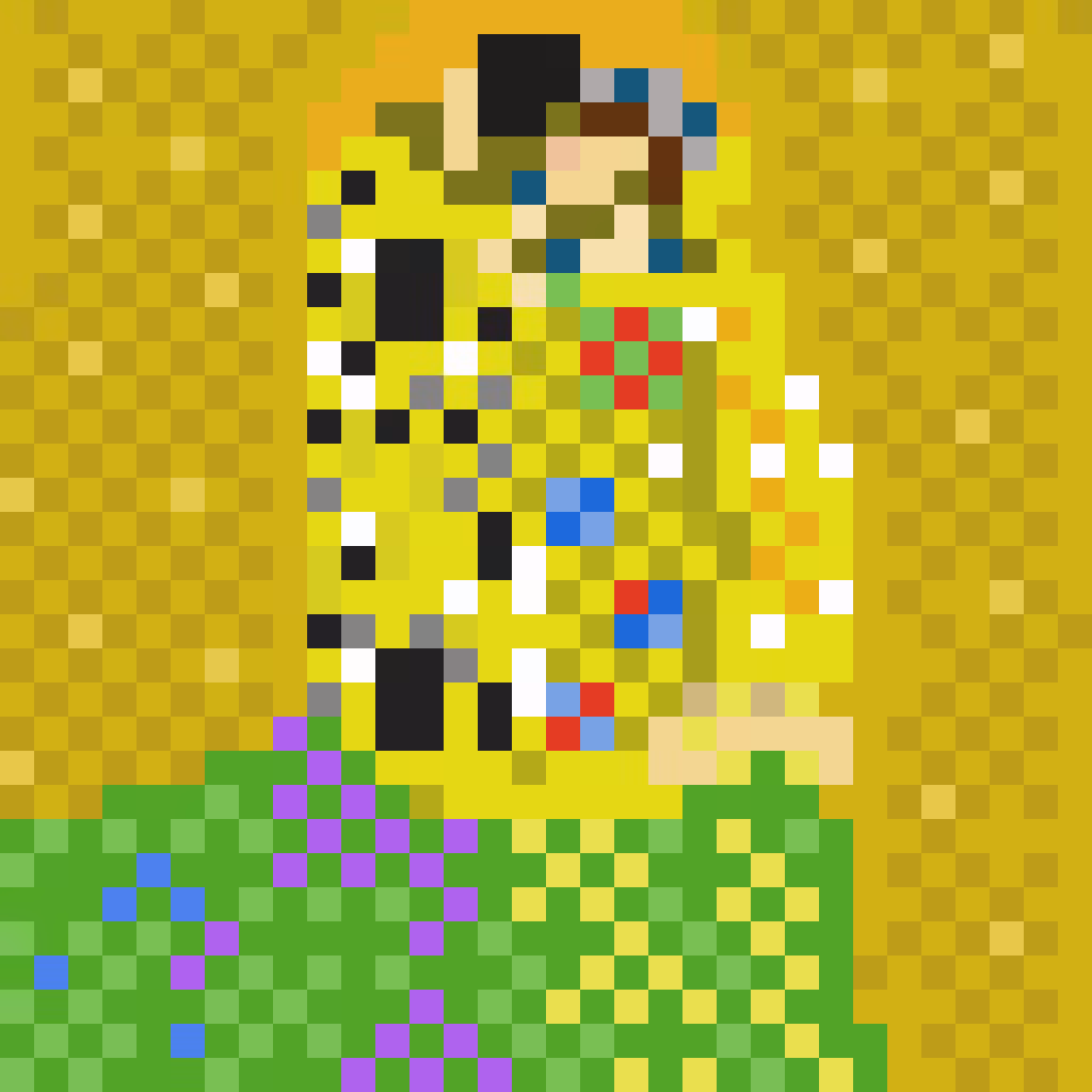 Statics: The Teeniest Klimt - upscaled pixel art of "The Kiss" by Gustav Klimt