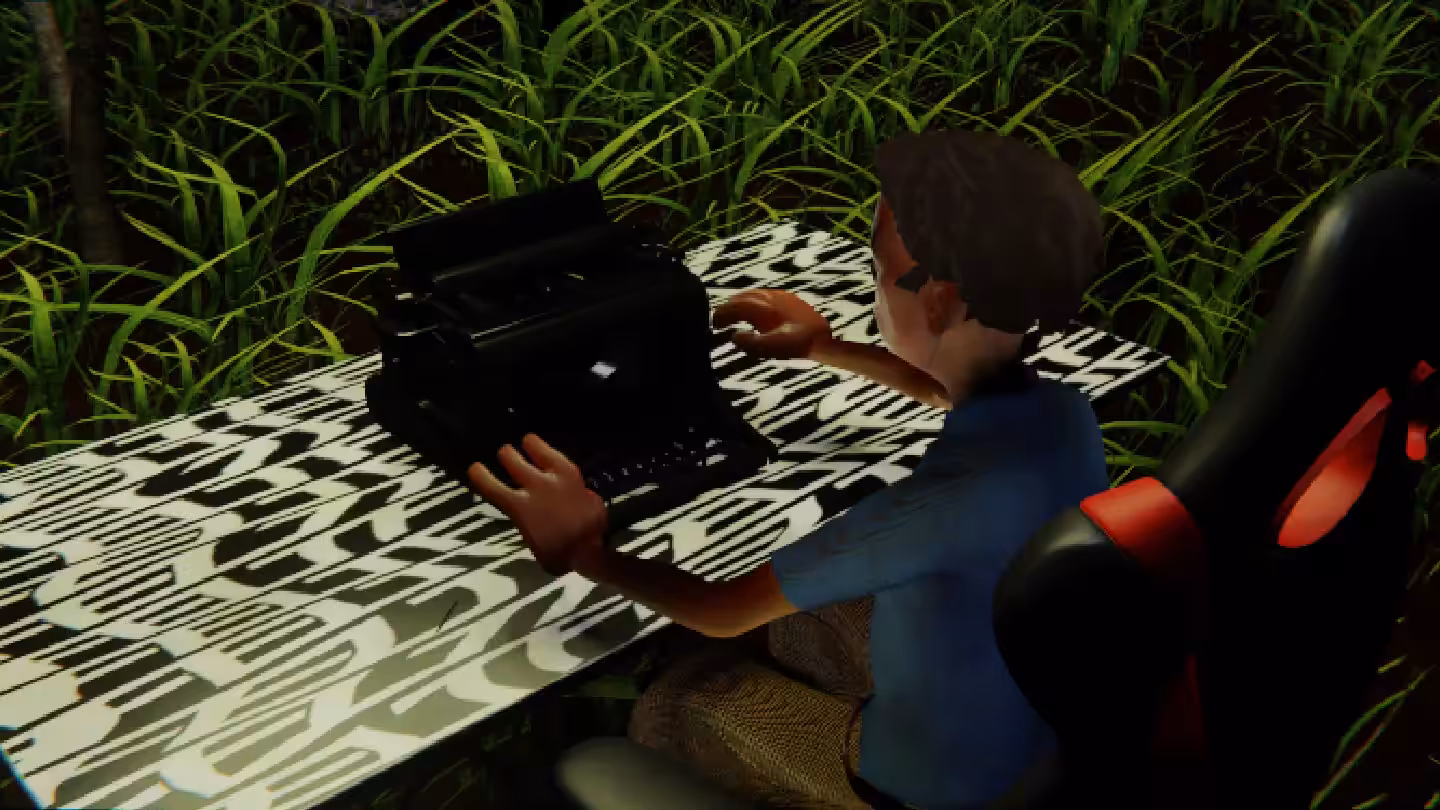 Desktop #264: The Developer in the Gaming Chair With a Hanging Light and a Typewriter on a Pattern Table in The Forest