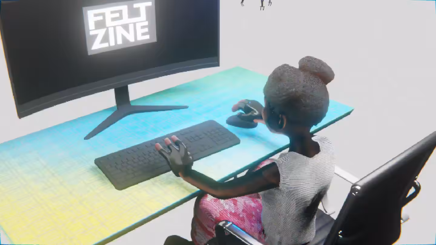 Desktop #315: The Military Brat in the Black Slim Chair With a Drone and a Old School Monitor on a Green FELT Zine Table in The Void