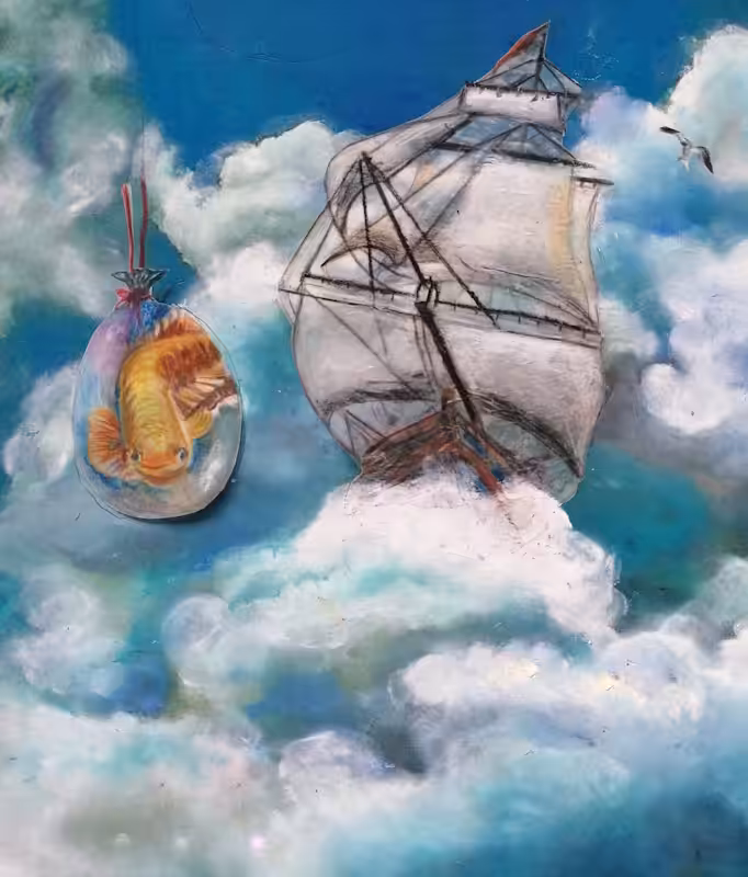 Boat in sky by ballons fish 