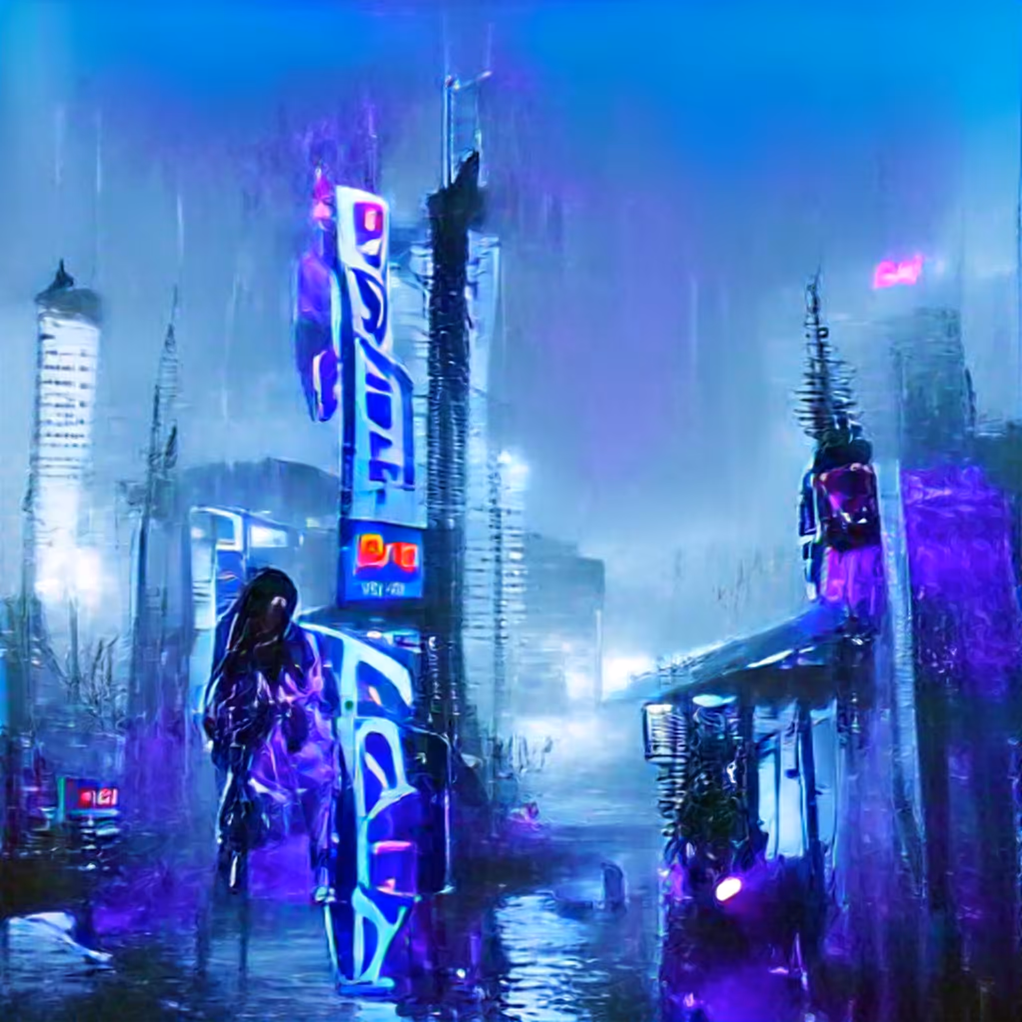 Rain in a cyberpunk city.