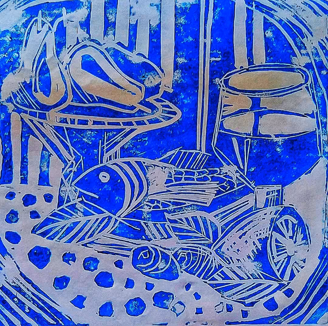 Still life pear and wine by fish in dish