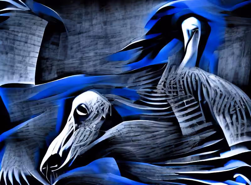 Abraham's First Works: black pelican, blue and white german expressionism atmosphere
