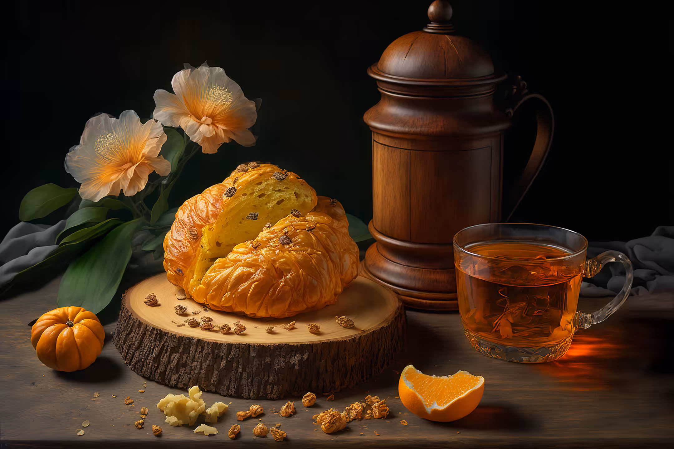 Pastry, nuts and orange juice.