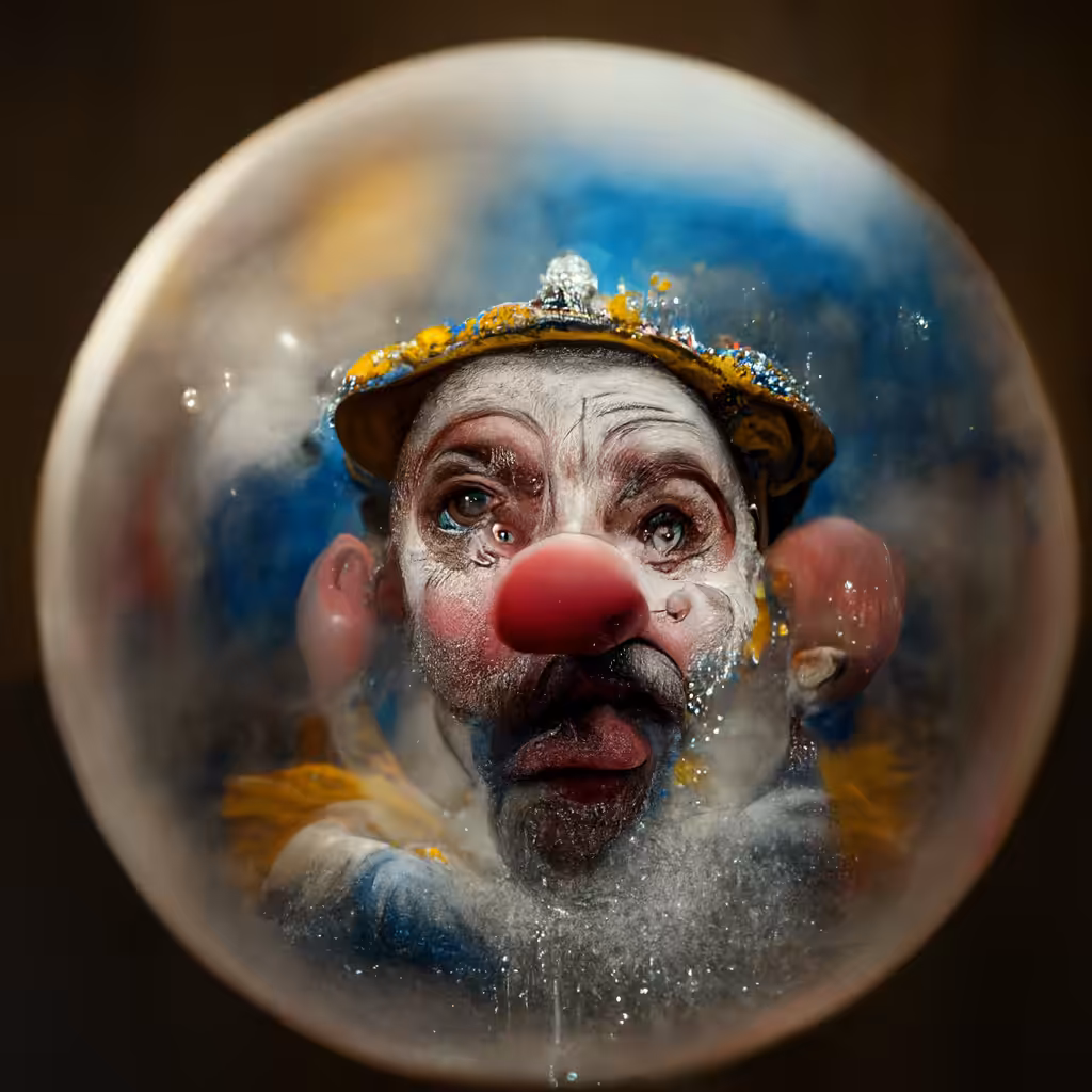 A clown is hunting a bubble inside a porcelain opera house V10