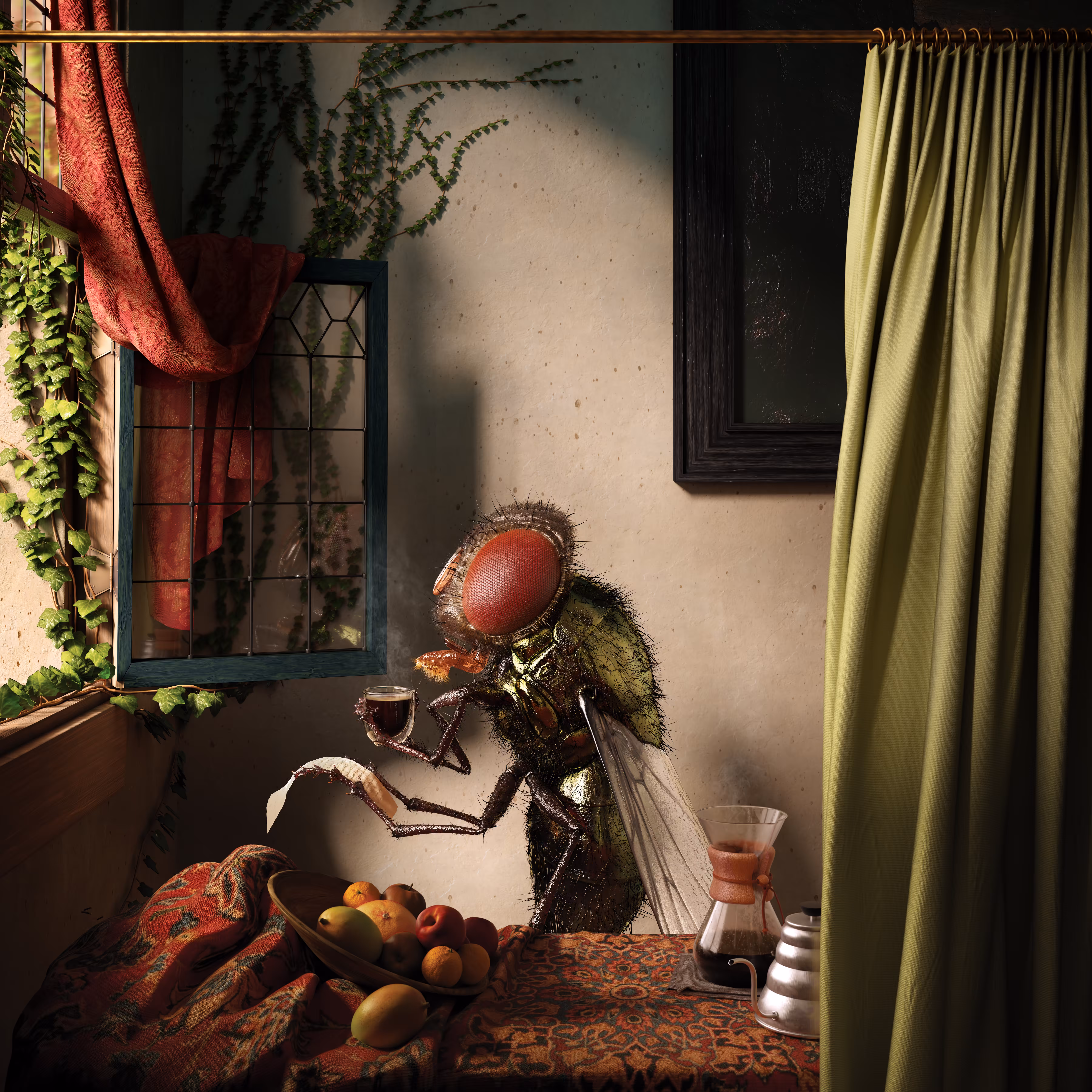 Fly reading a letter by an open window