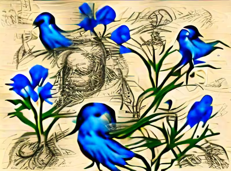 An ink drawing, in blue, of a bird in flowers, Da Vinci style.