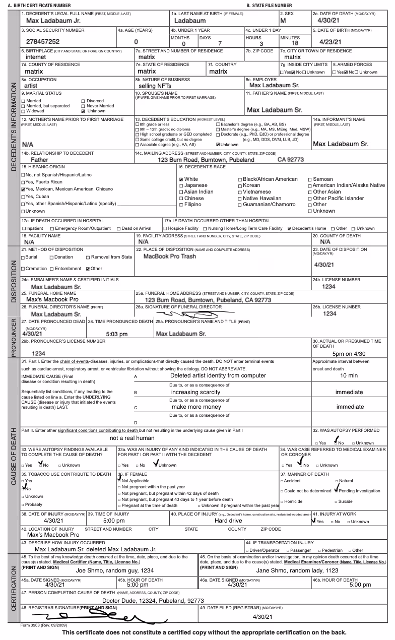 Max Ladabaum Jr. Death Certificate 