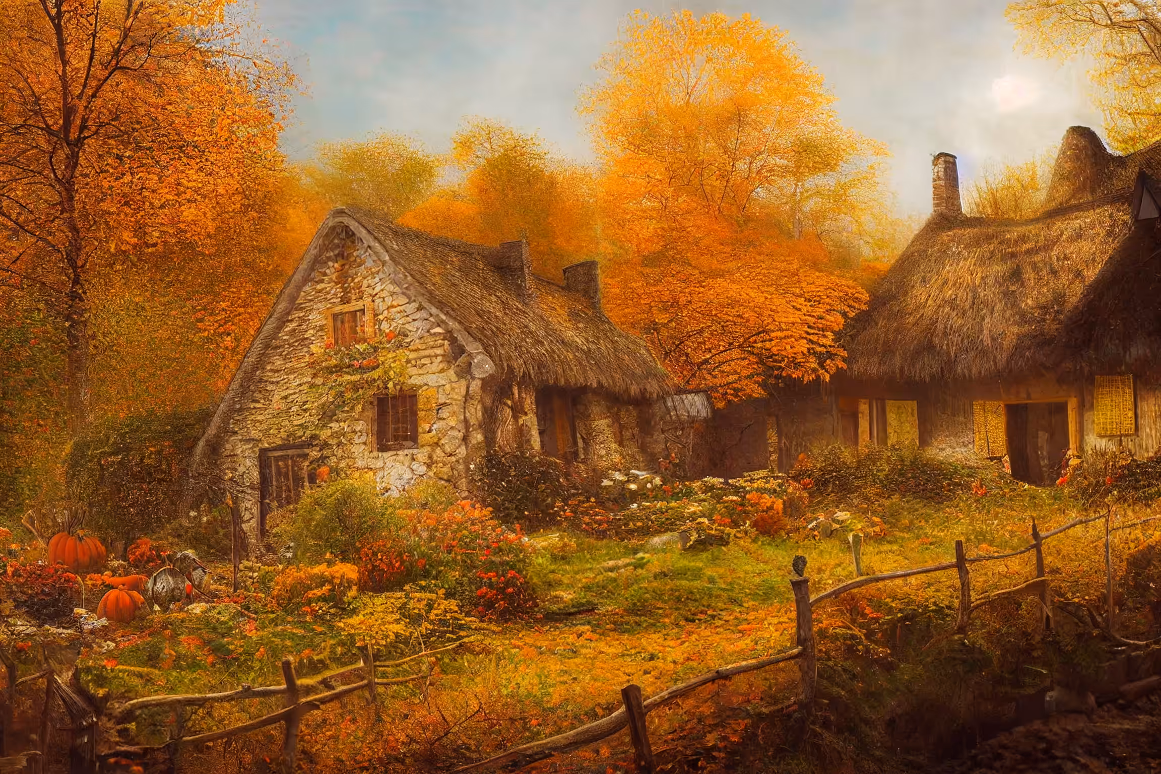 The Irish Thatched Cottages In Autumn