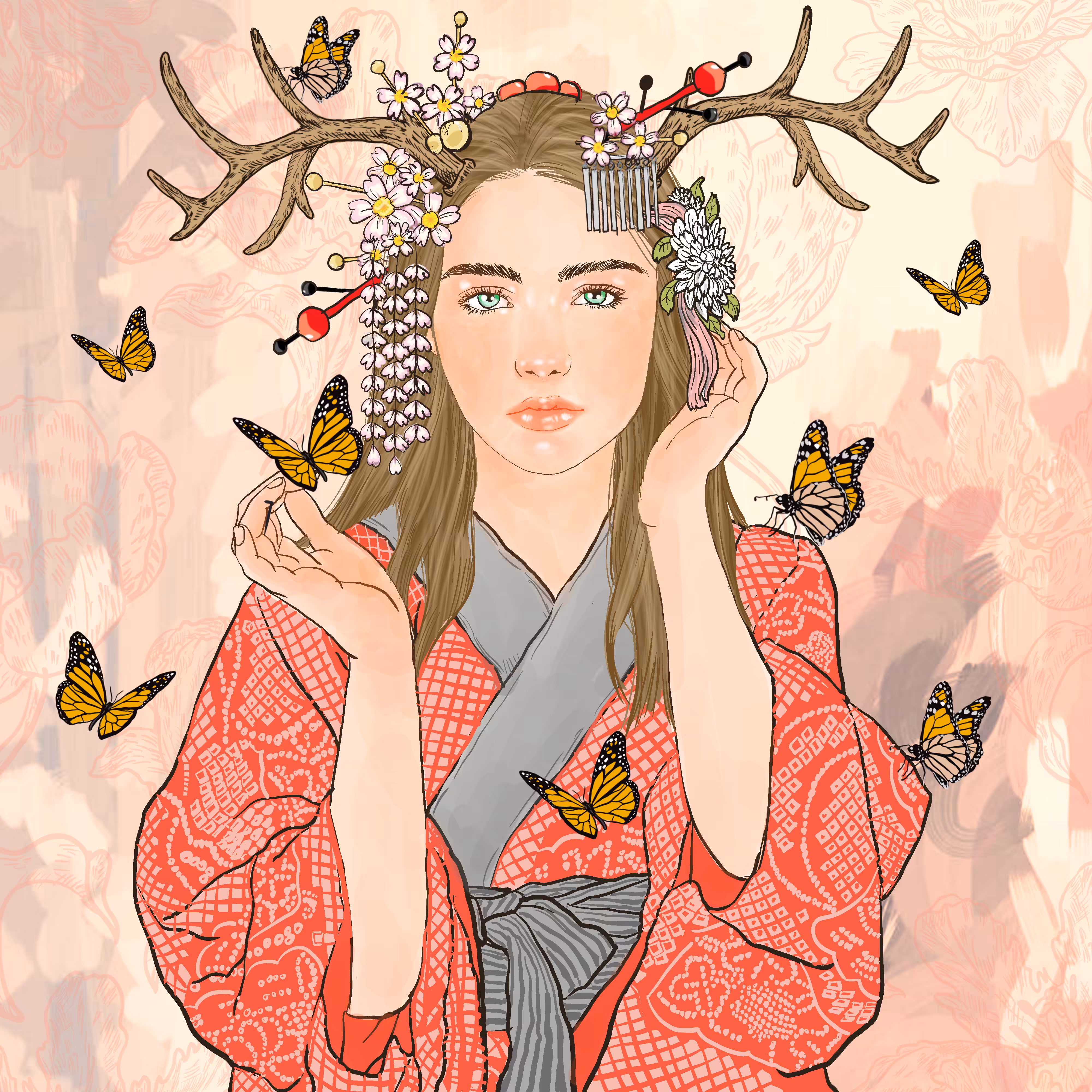 girl antlers in red kimono