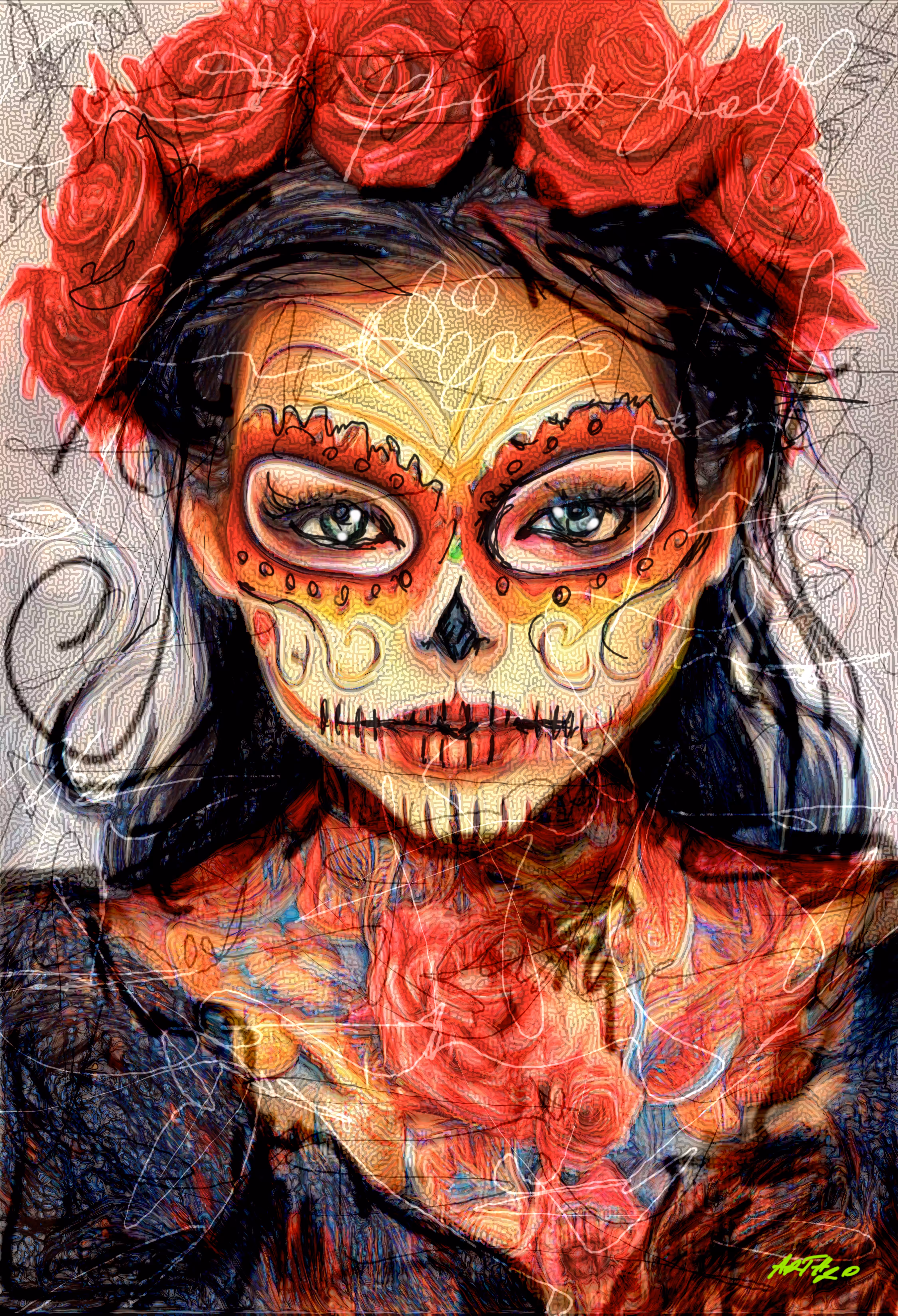 Day of the dead woman, Día de los muertos woman, #original 300 DPI 38x55 cm Digital Art, Printable From ArtH2O