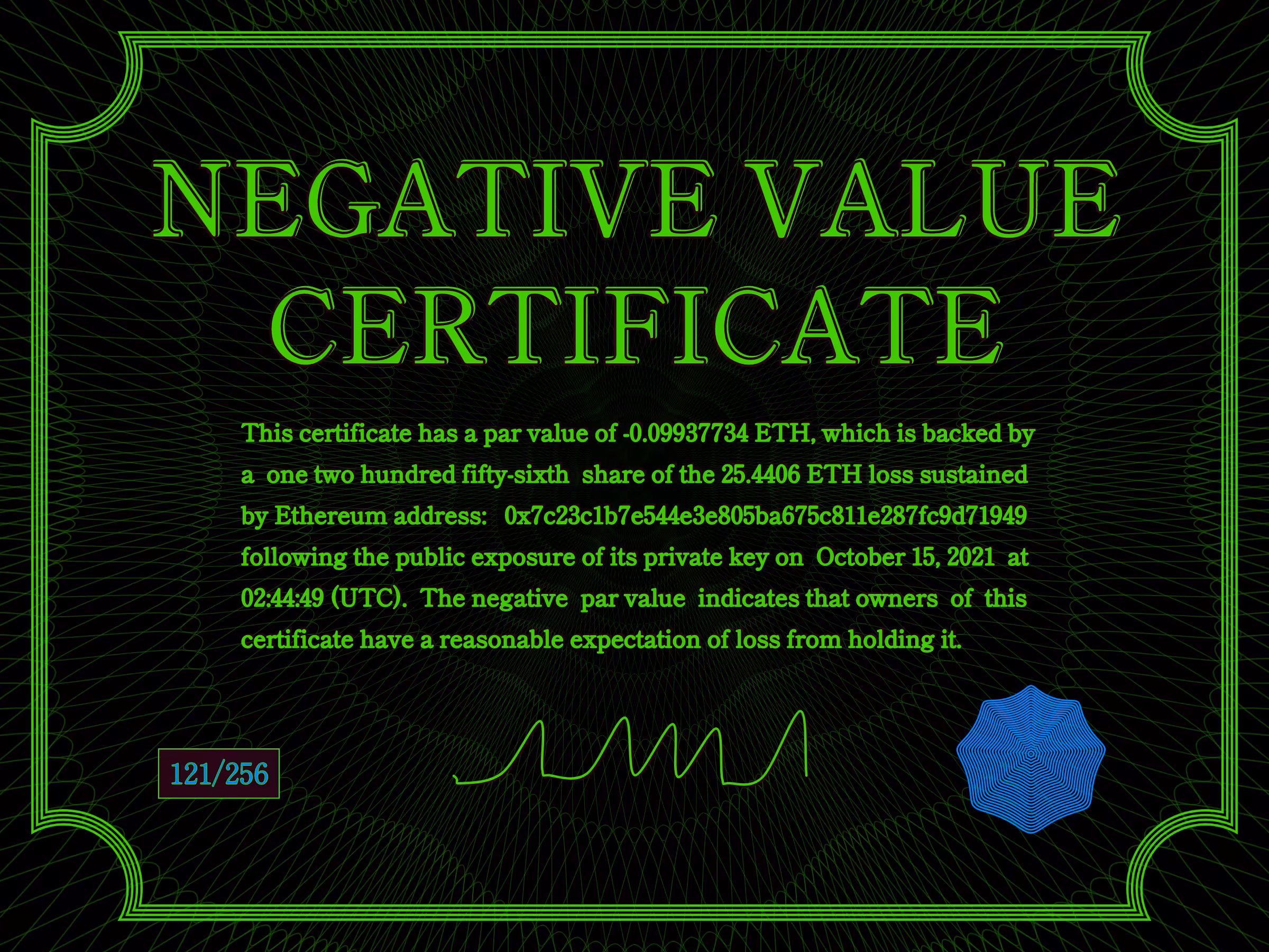 Negative Value Certificate #121 of 256
