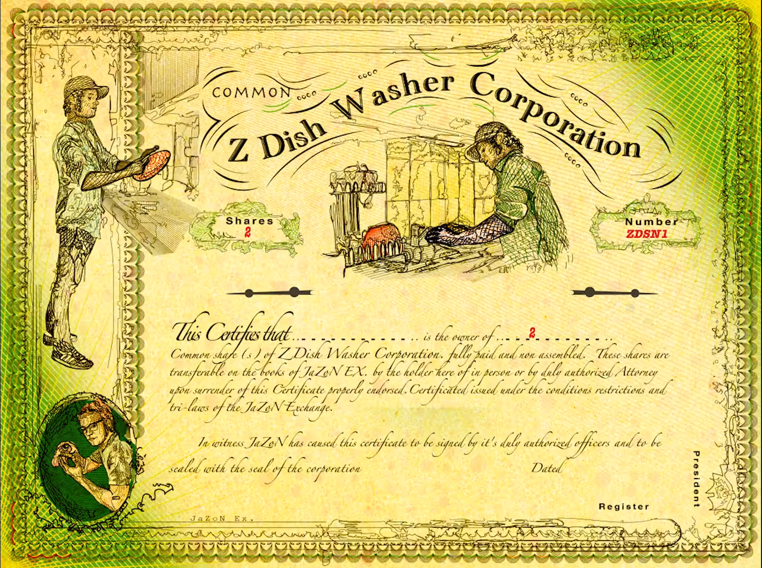 Z Dish Washer Corporation Share Certificate Z5