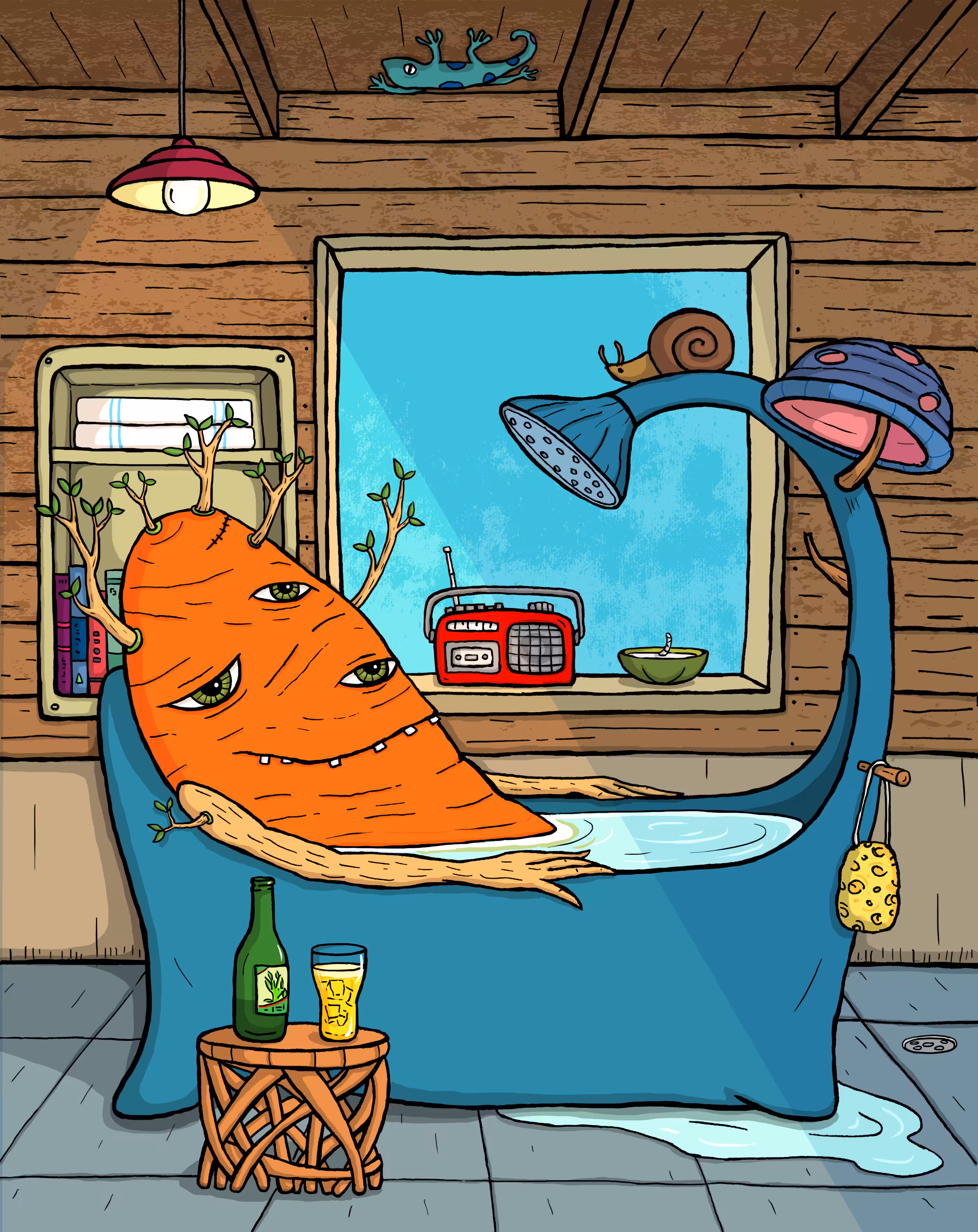The monster takes a bath.