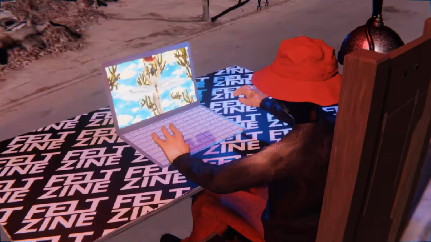Desktop #2: The Hypebeast in the Electric Chair With a Drone and a Gardens Monitor on a Felt Zine Table in Conflict