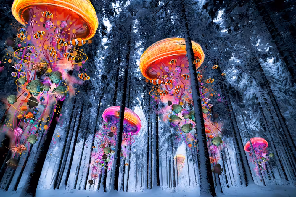 Electric Jellyfish Worlds in  a Forest Winter Edition