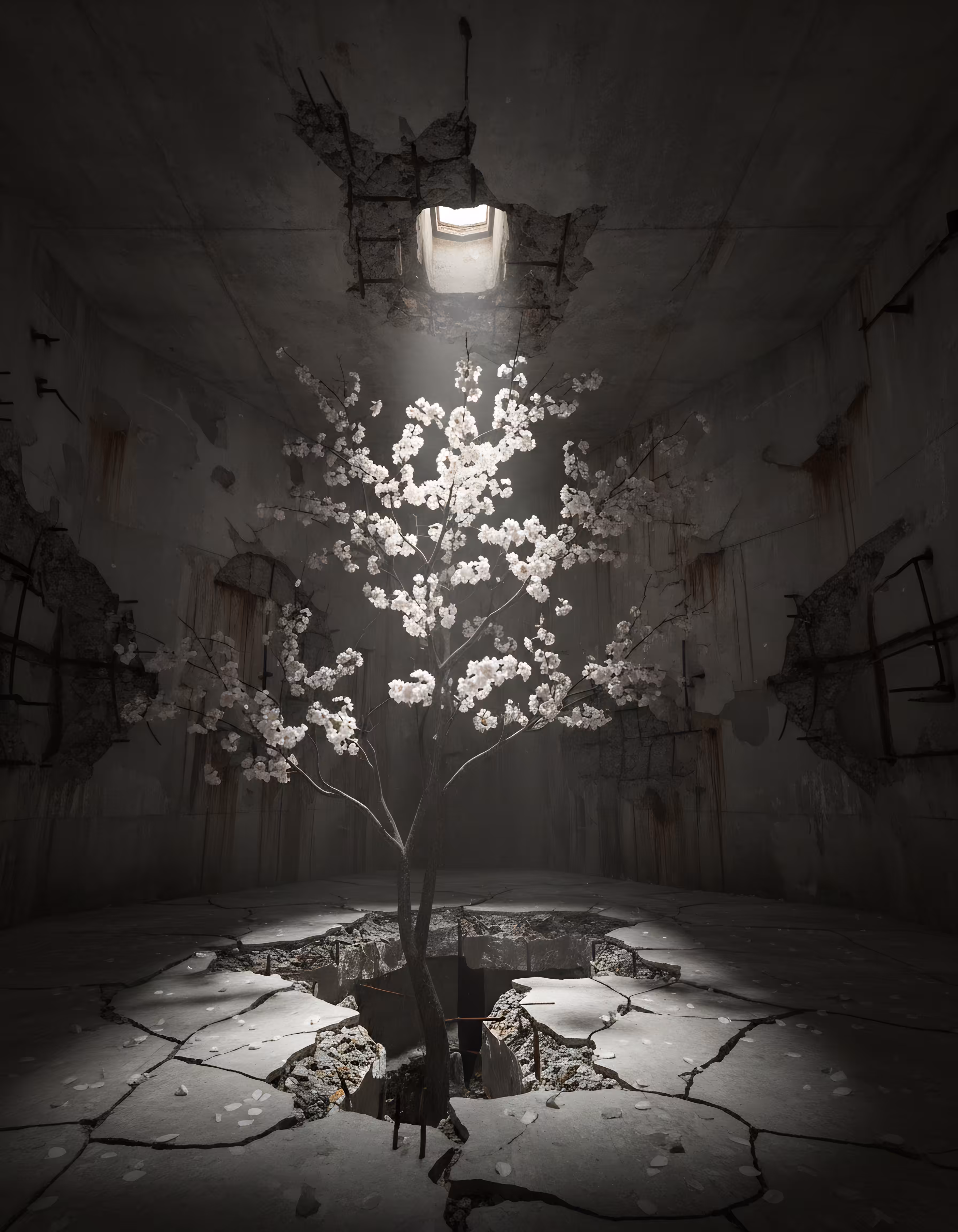 Blossom Pierces Institutional Ceiling Wound
