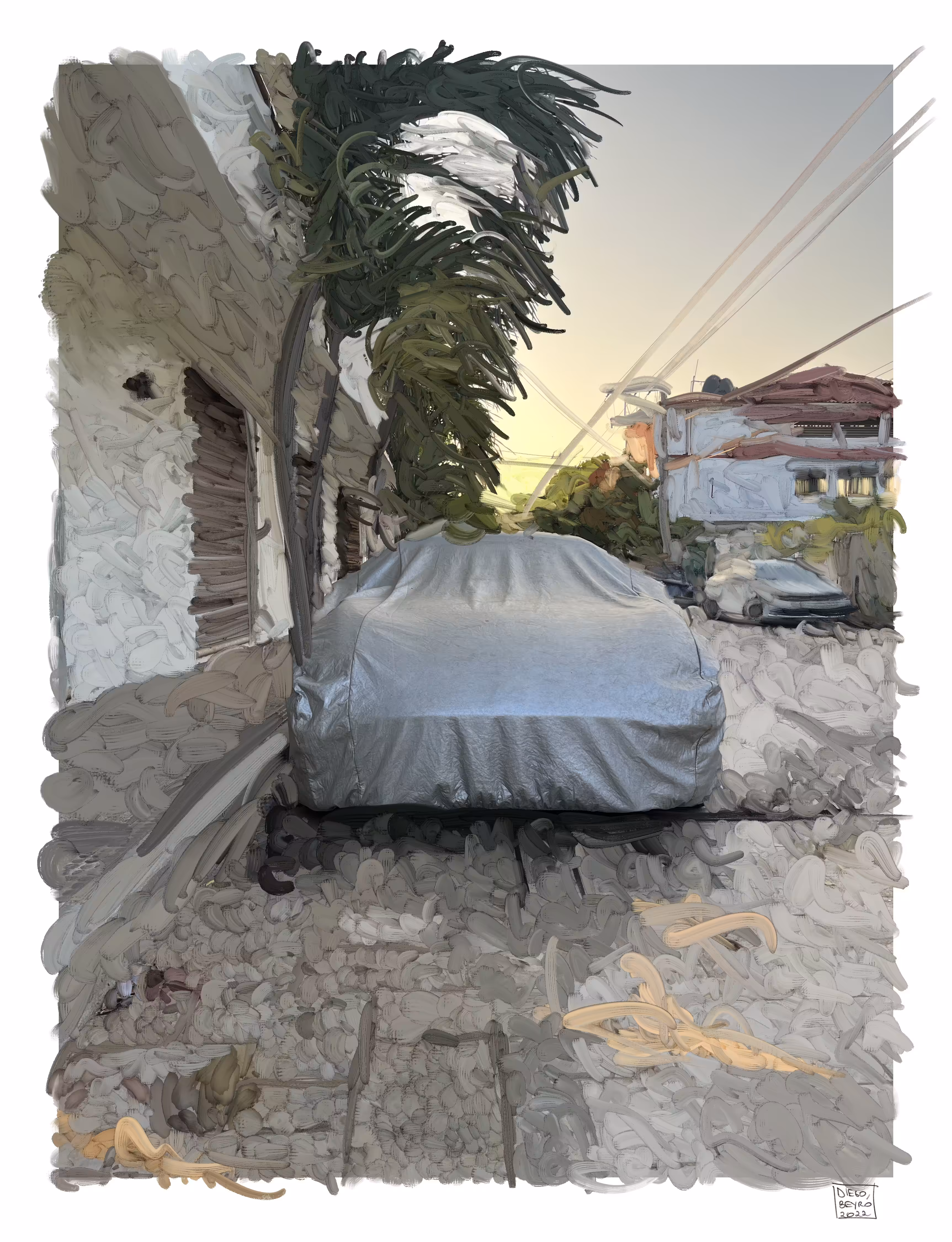 Carro cubierto en atardecer pintado. 